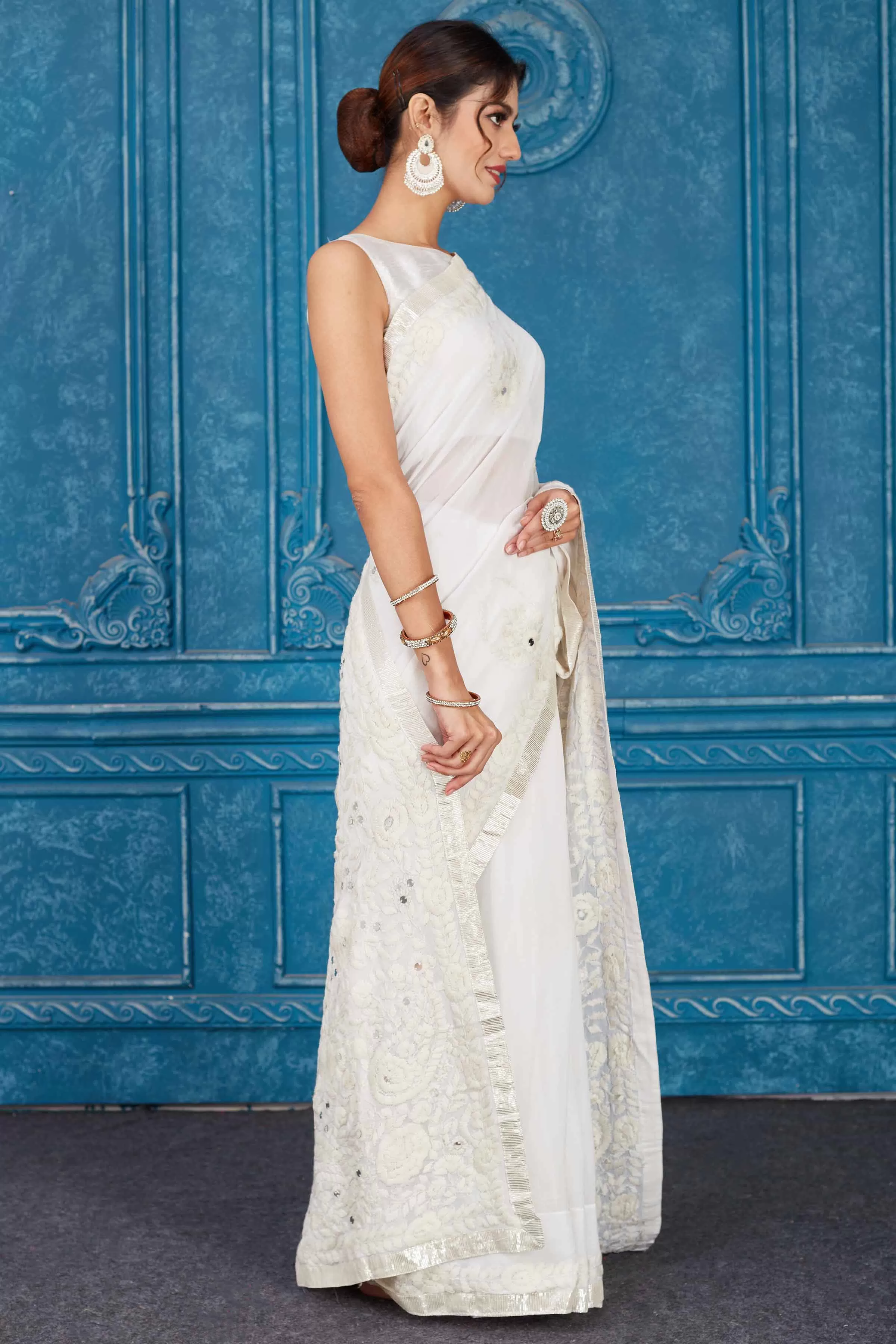 91A334 White Phulkari Embroidery Georgette Sari