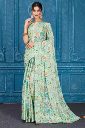 91A347 Mint Green Printed Crepe Chiffon Saree