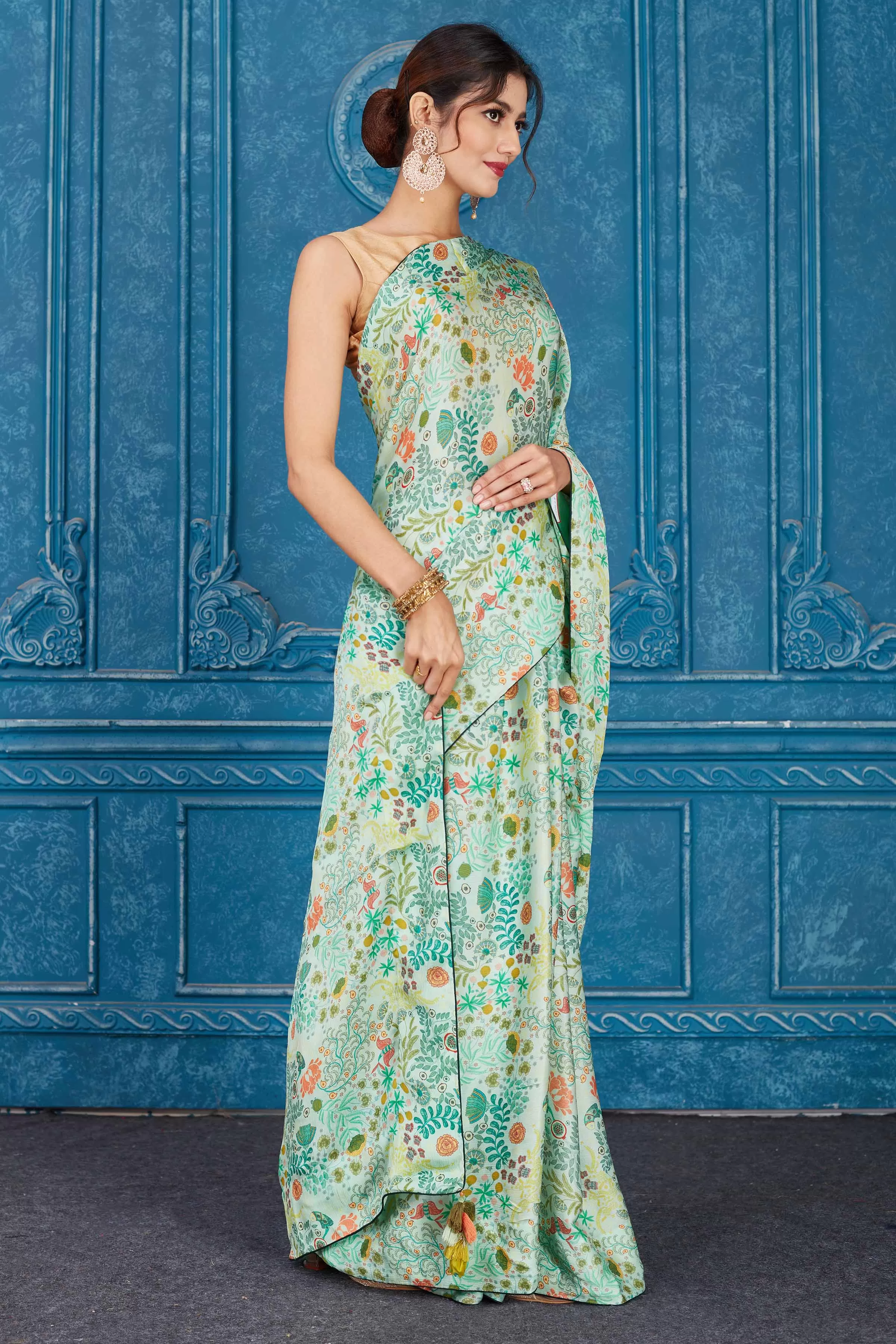 91A347 Mint Green Printed Crepe Chiffon Saree