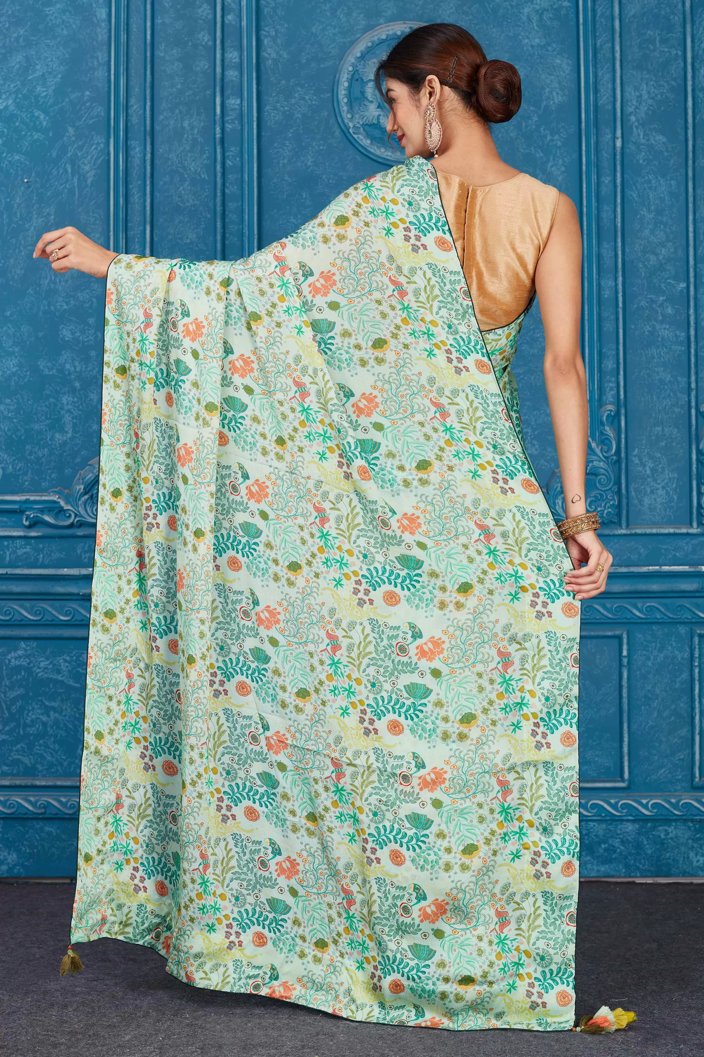 91A347 Mint Green Printed Crepe Chiffon Saree