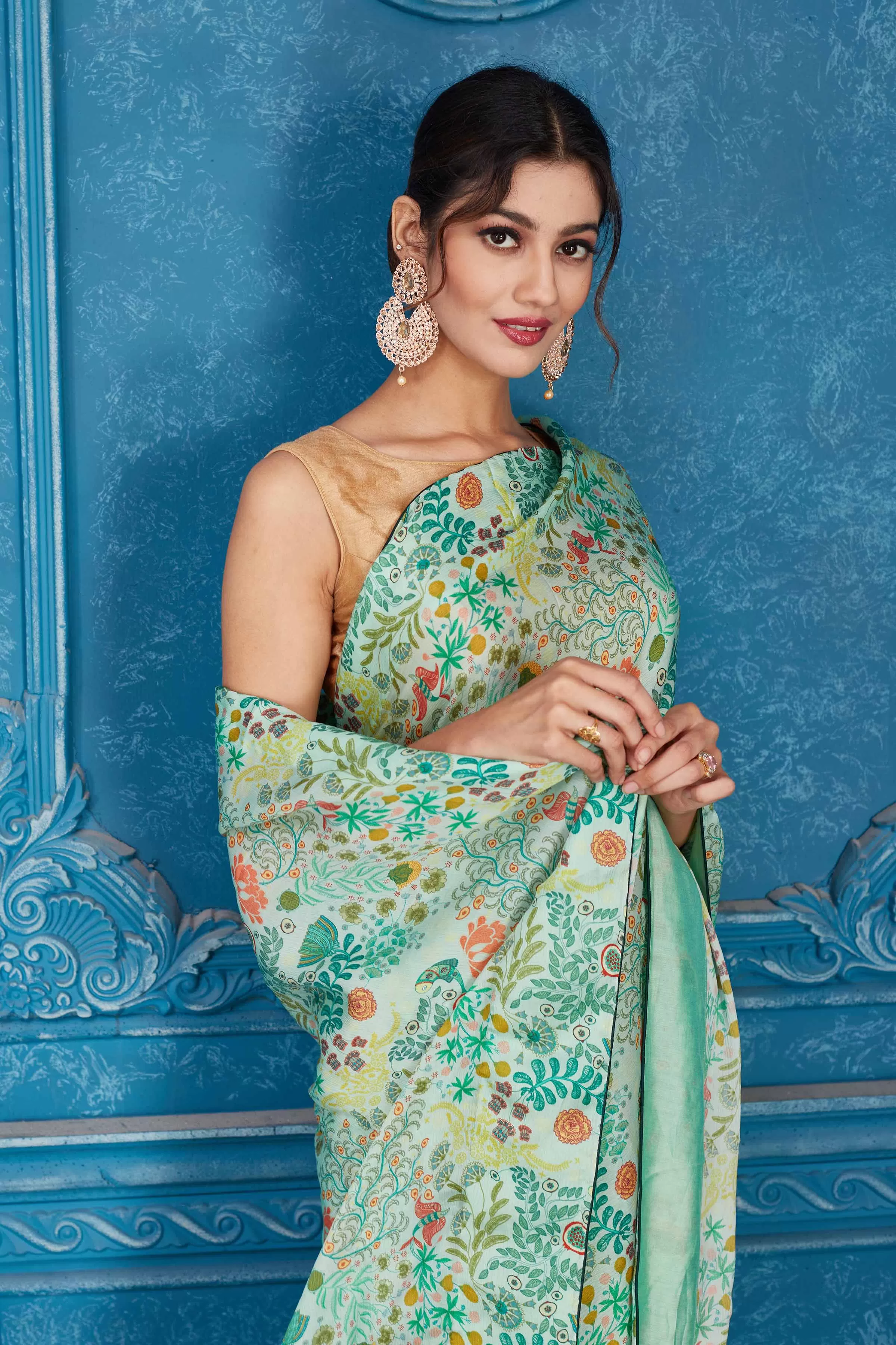 91A347 Mint Green Printed Crepe Chiffon Saree