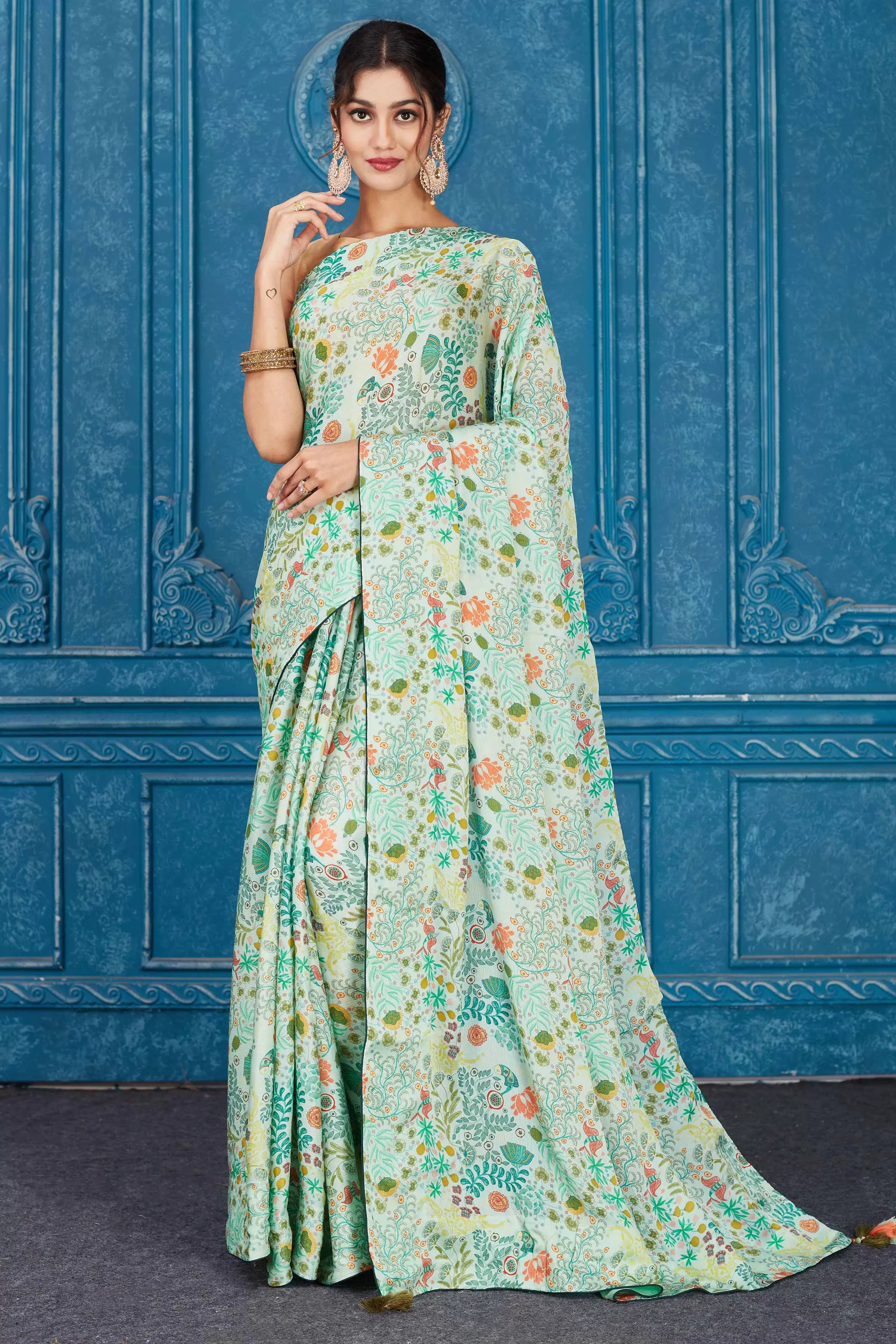 91A347 Mint Green Printed Crepe Chiffon Saree