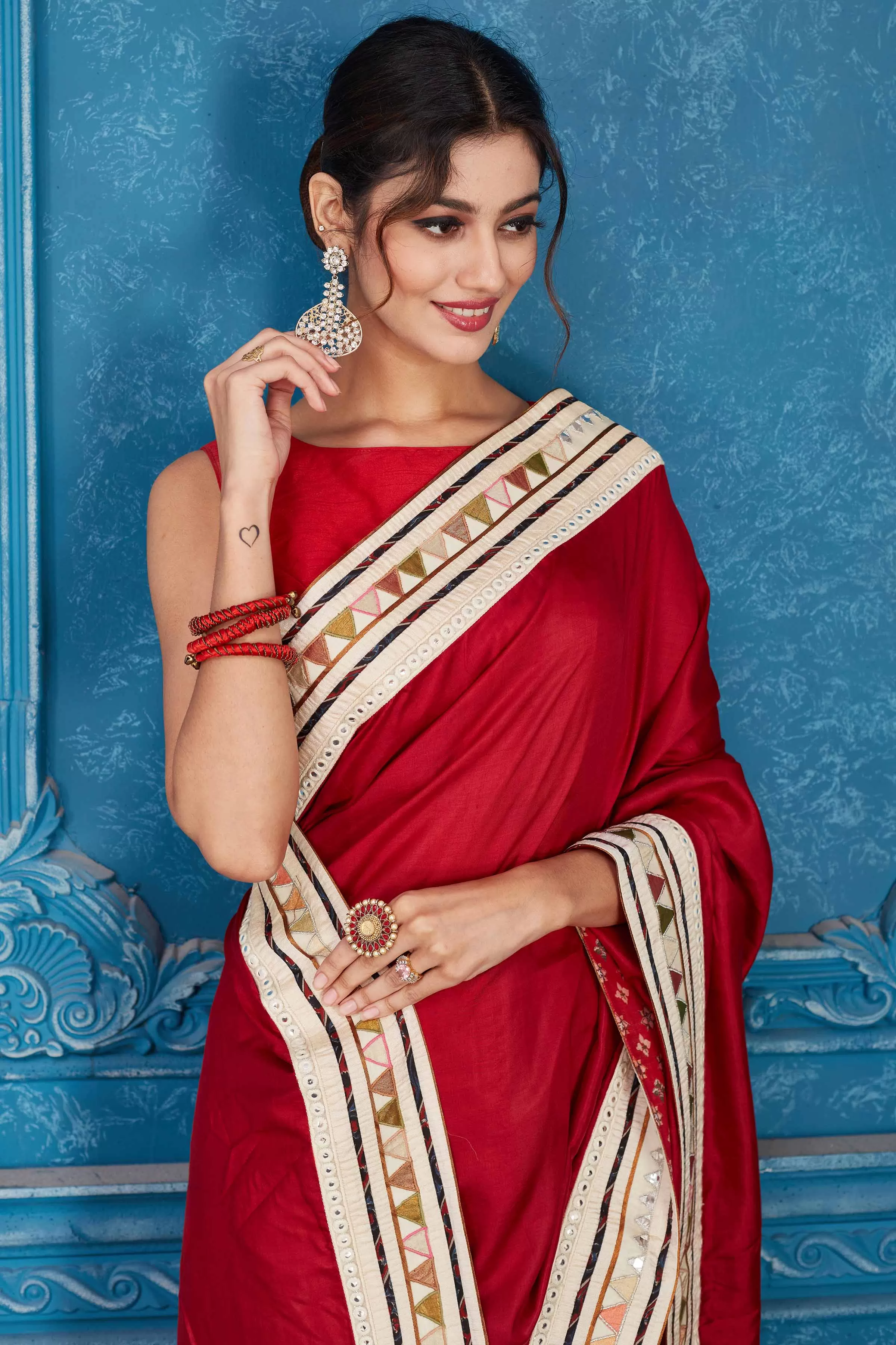 91A357 Blood Red Chanderi Silk Saree with Patch Mirror Work Border