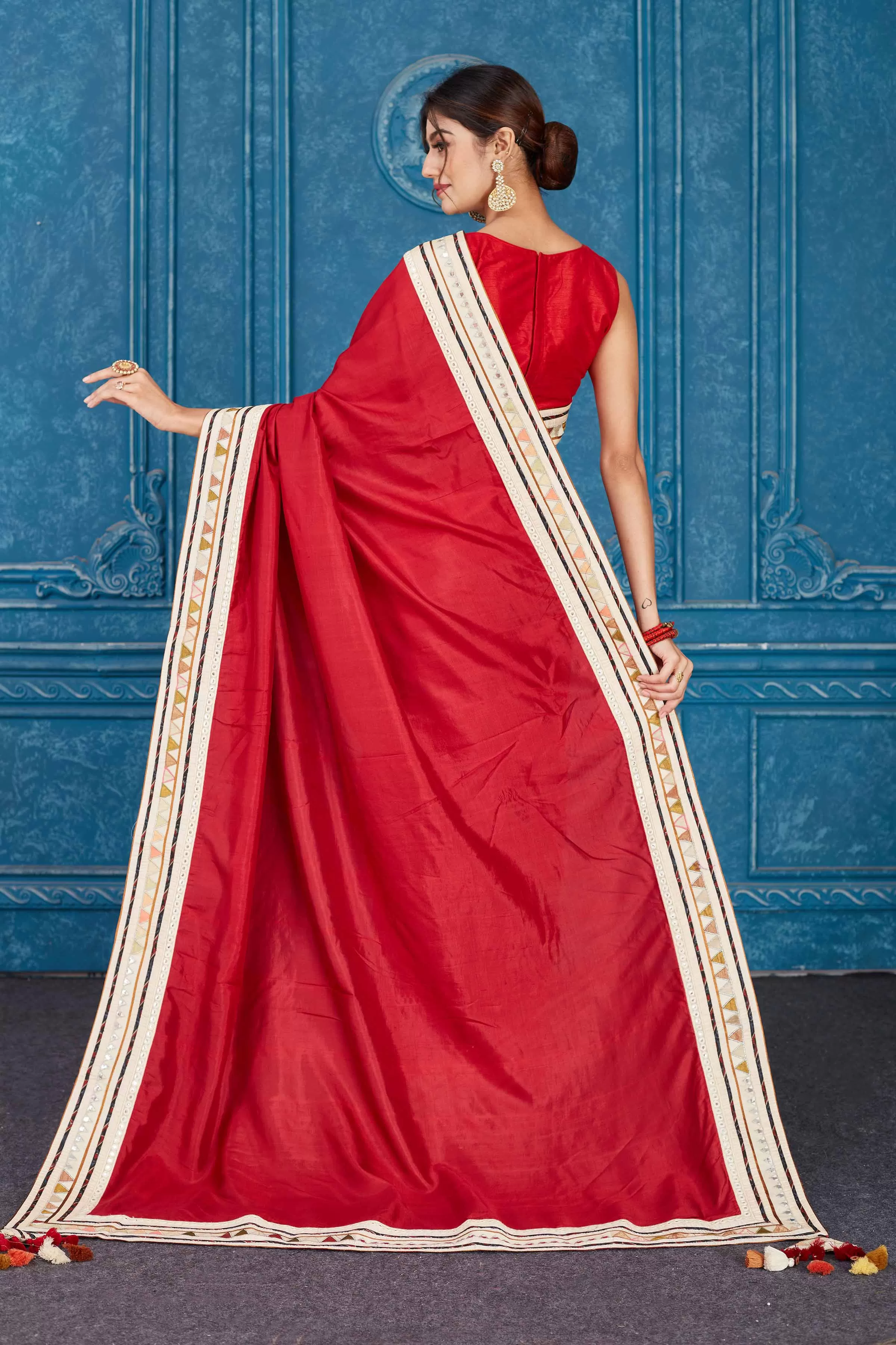 91A357 Blood Red Chanderi Silk Saree with Patch Mirror Work Border