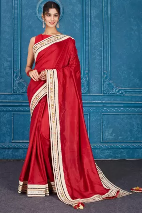 91A357 Blood Red Chanderi Silk Saree with Patch Mirror Work Border