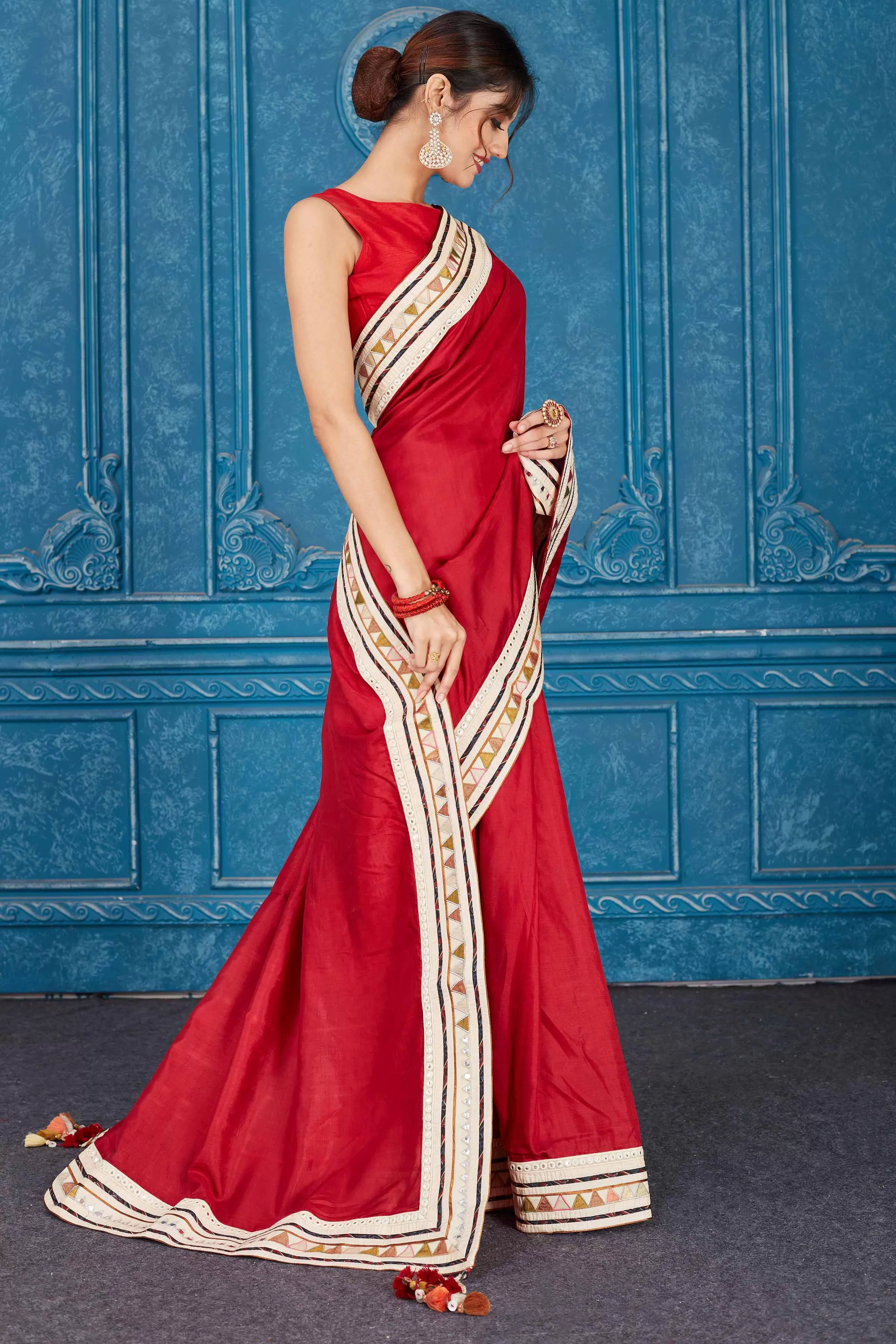 91A357 Blood Red Chanderi Silk Saree with Patch Mirror Work Border