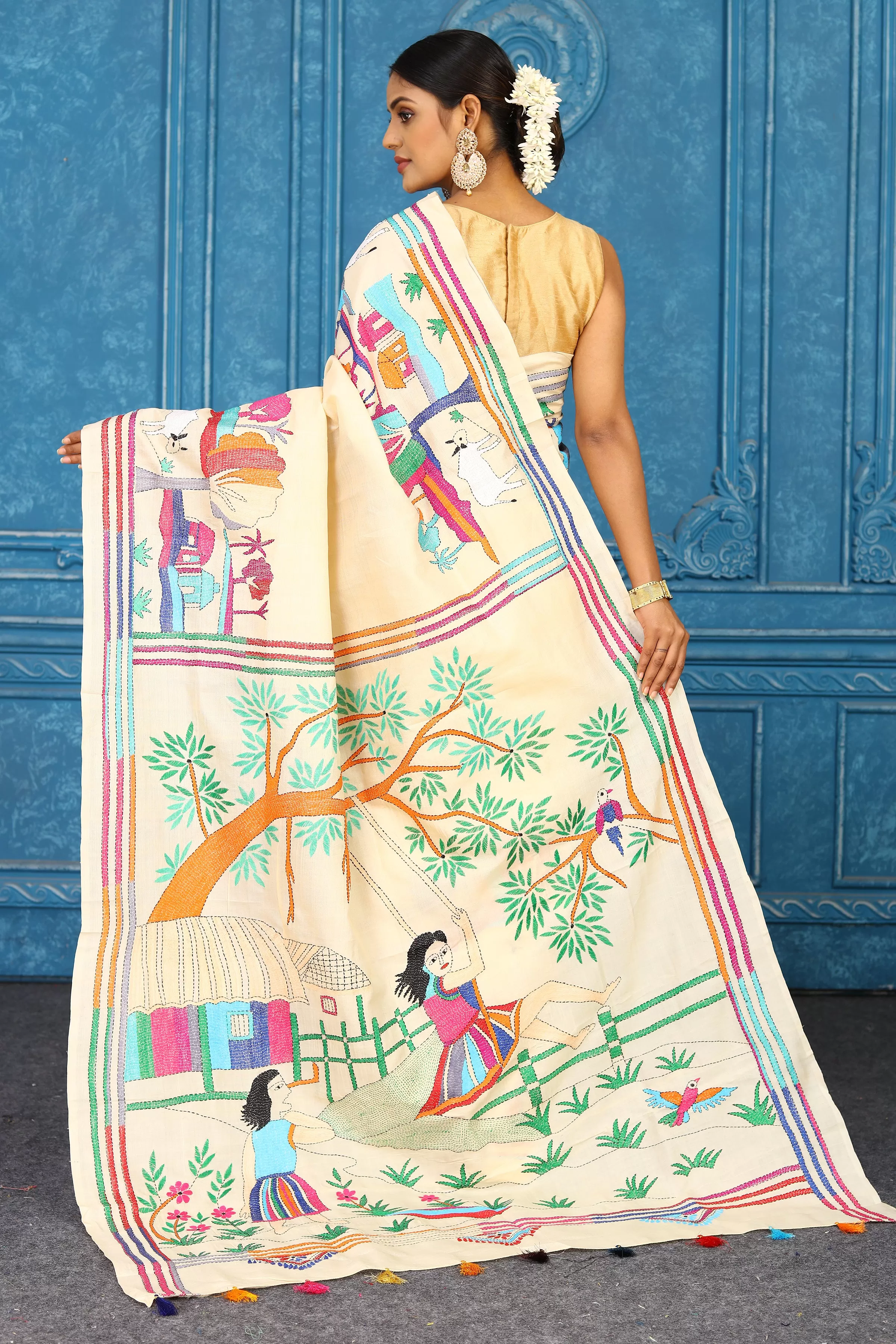 91A419 Cream Tussar Silk Saree with Multicolor Kantha Work