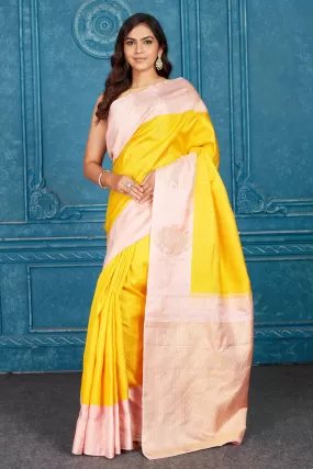 91A458 Yellow and Powder Pink Kanjeevaram Silk Saree