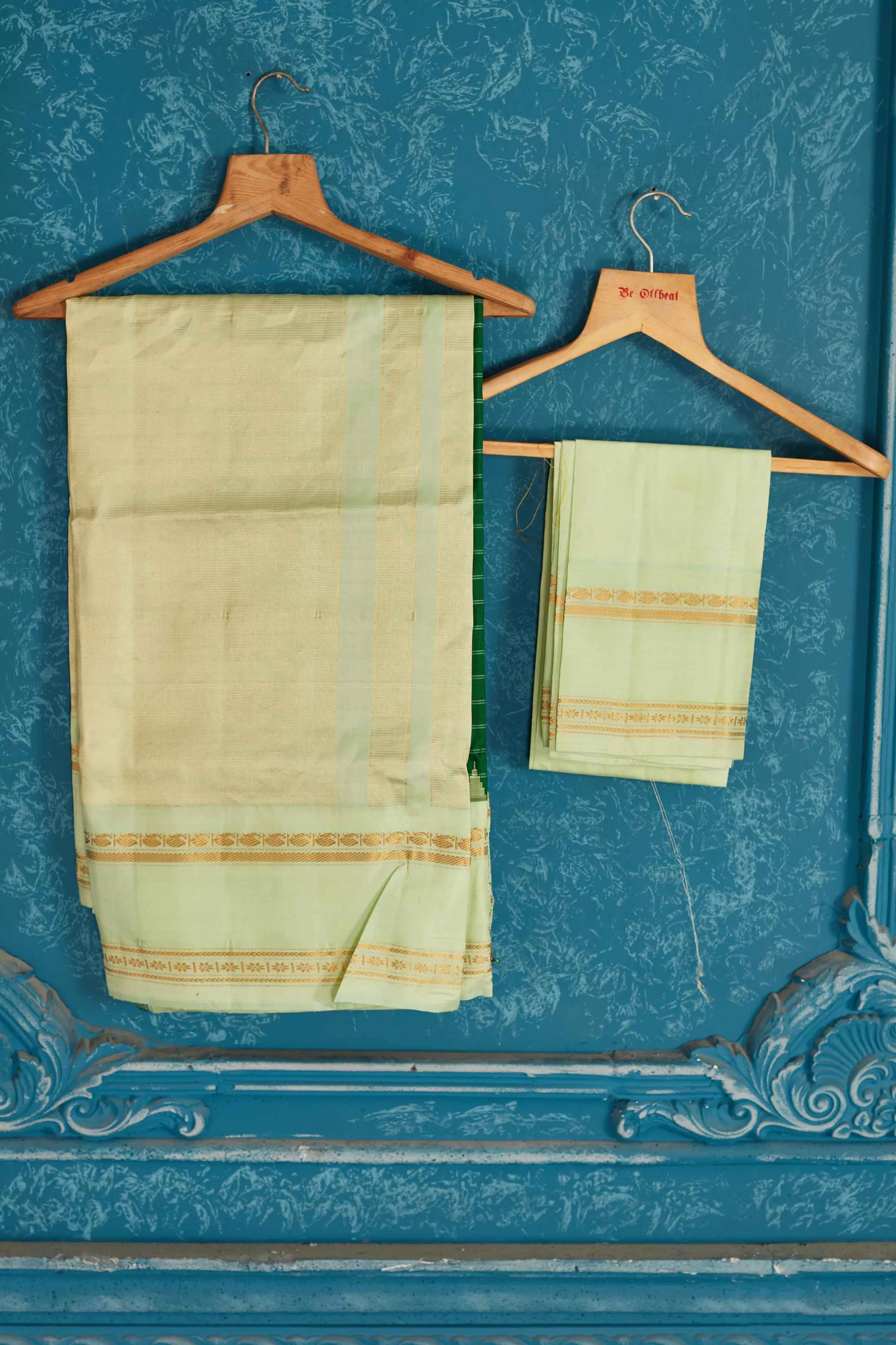 91A469 Green Check Kanchipuram Saree with Mint Green Border