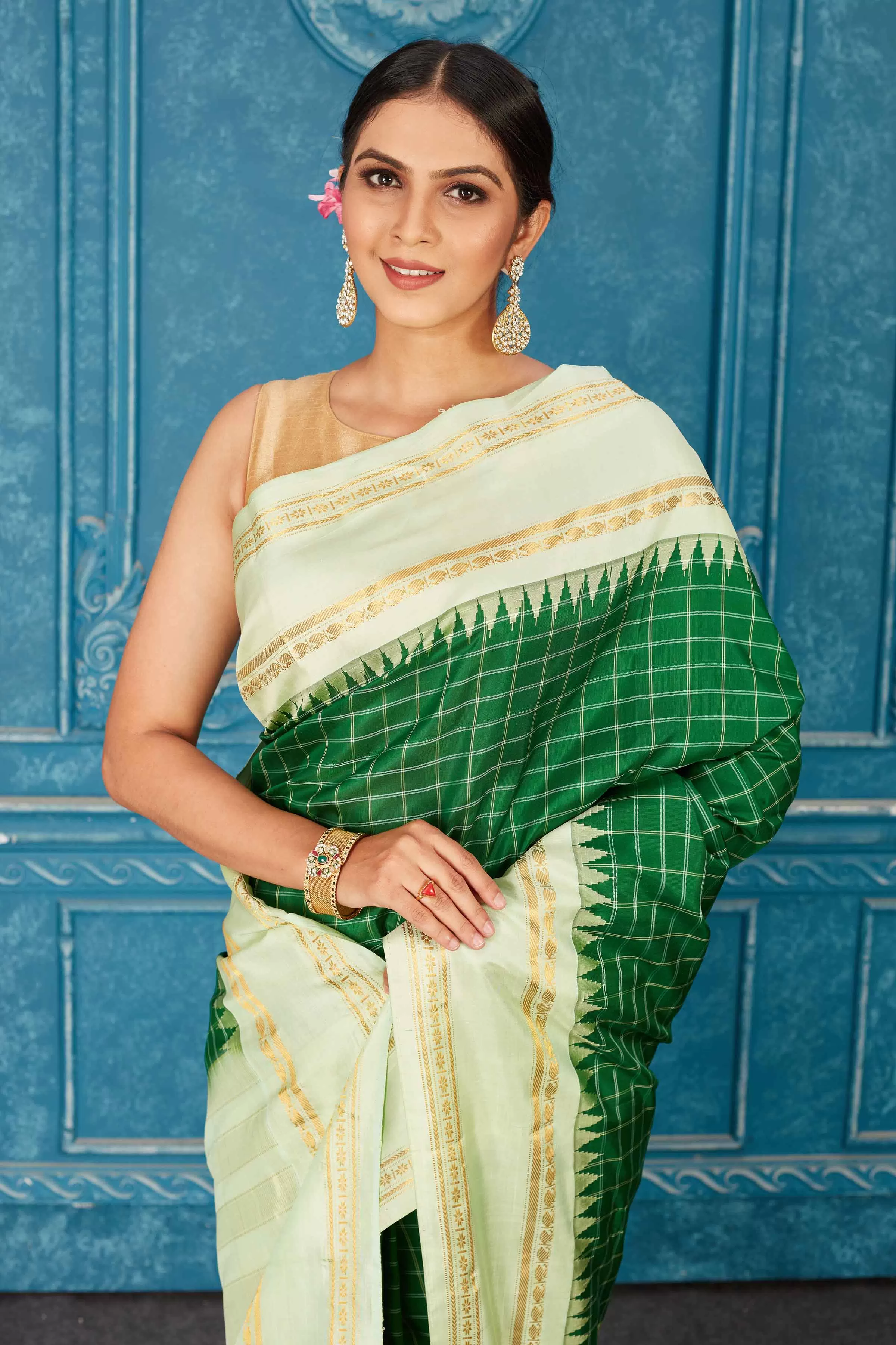 91A469 Green Check Kanchipuram Saree with Mint Green Border