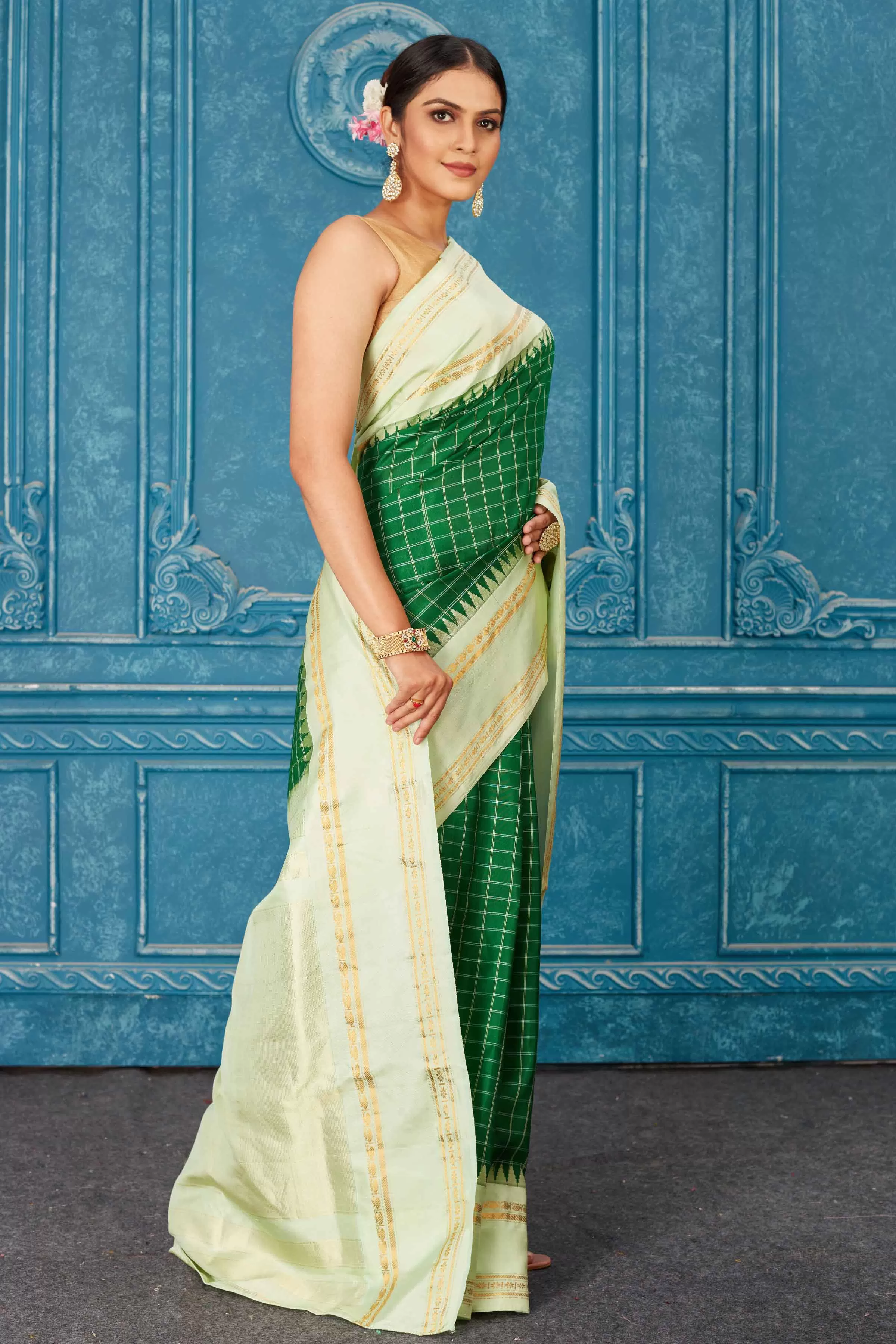 91A469 Green Check Kanchipuram Saree with Mint Green Border