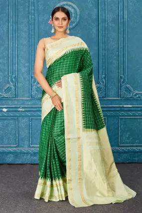 91A469 Green Check Kanchipuram Saree with Mint Green Border