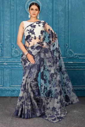 91A478 Blue Tissue Silk Saree with Embrose and Stone Work