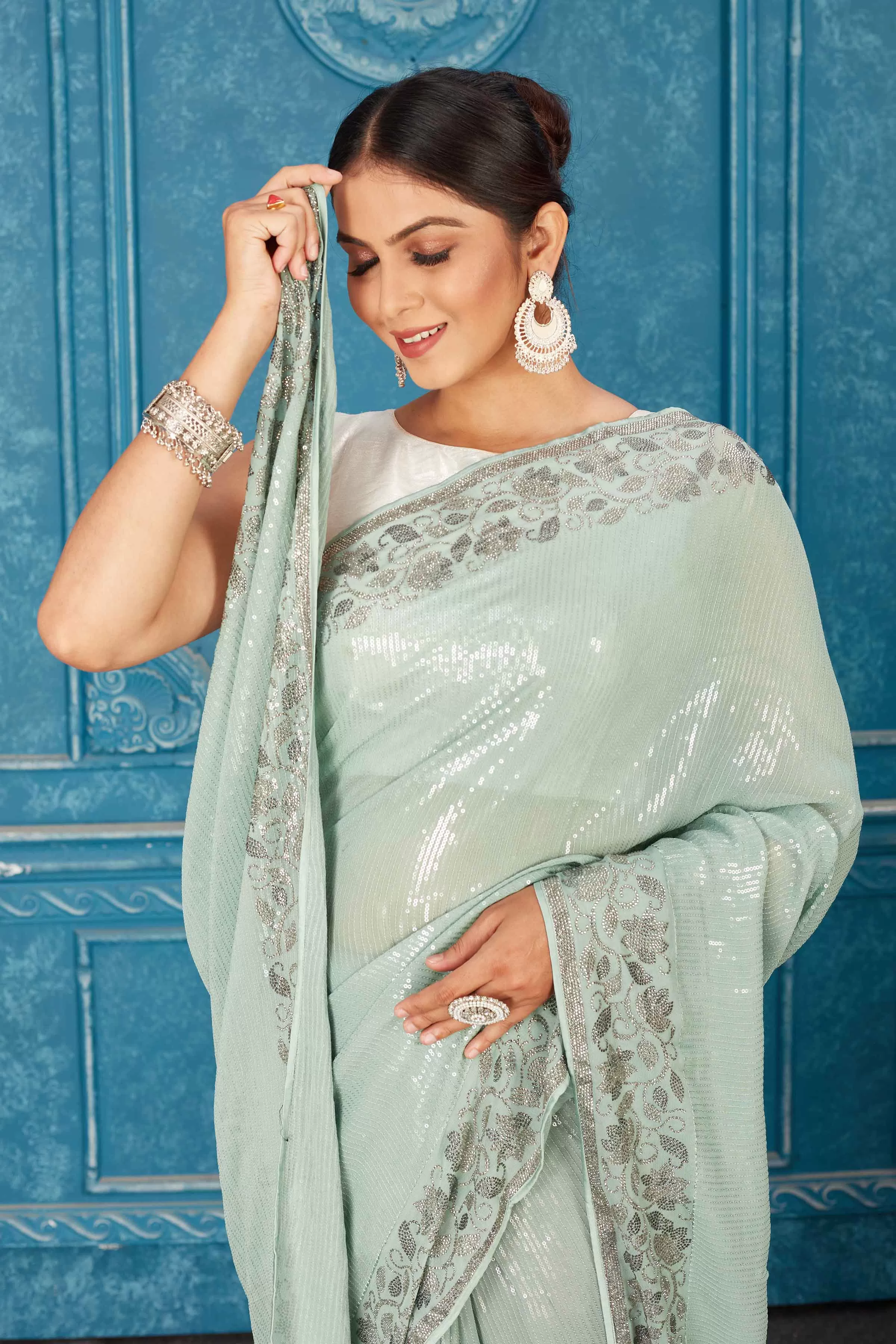 91A484 Mint Green Sequin Saree with Stone Work