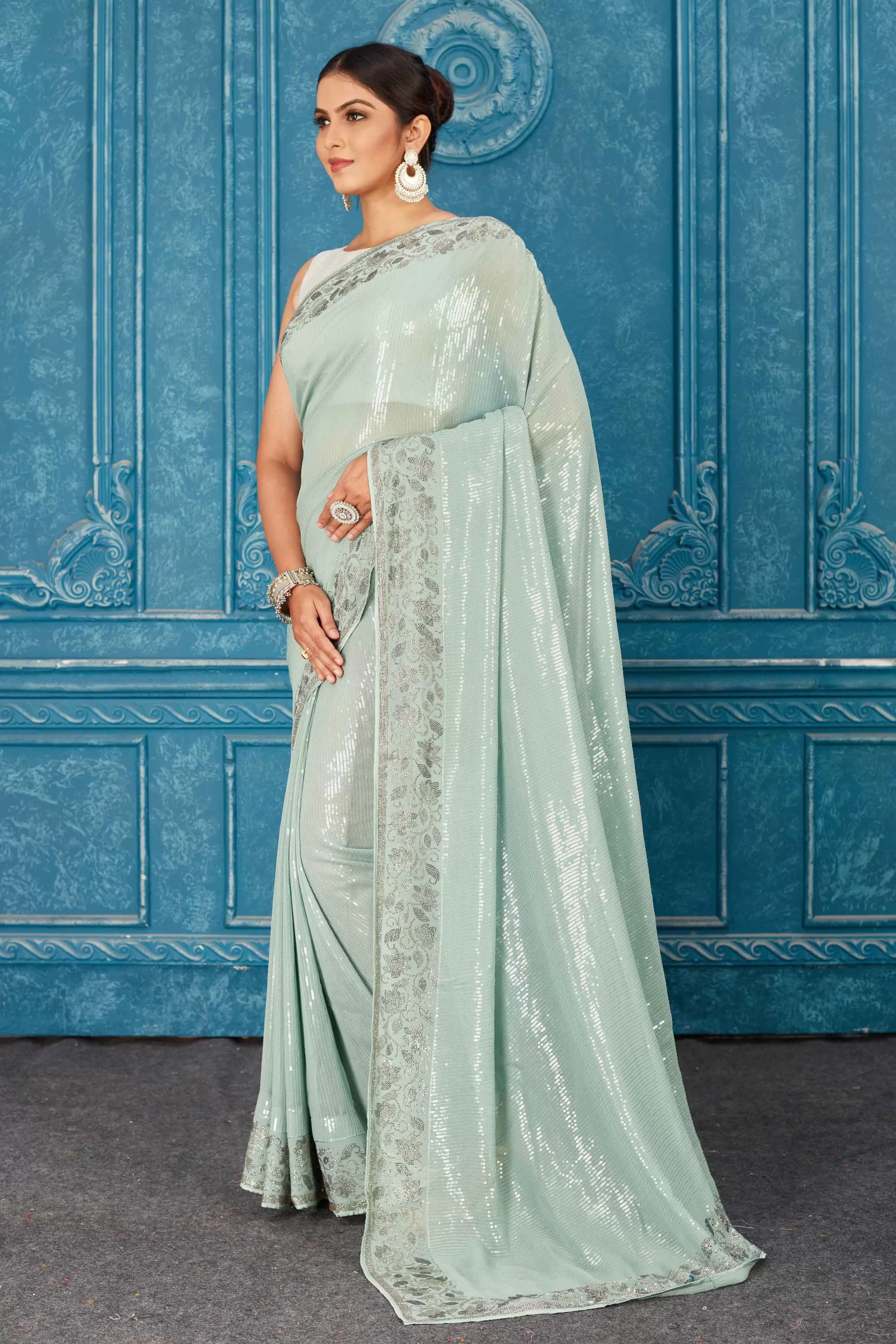 91A484 Mint Green Sequin Saree with Stone Work