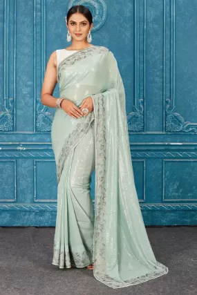 91A484 Mint Green Sequin Saree with Stone Work