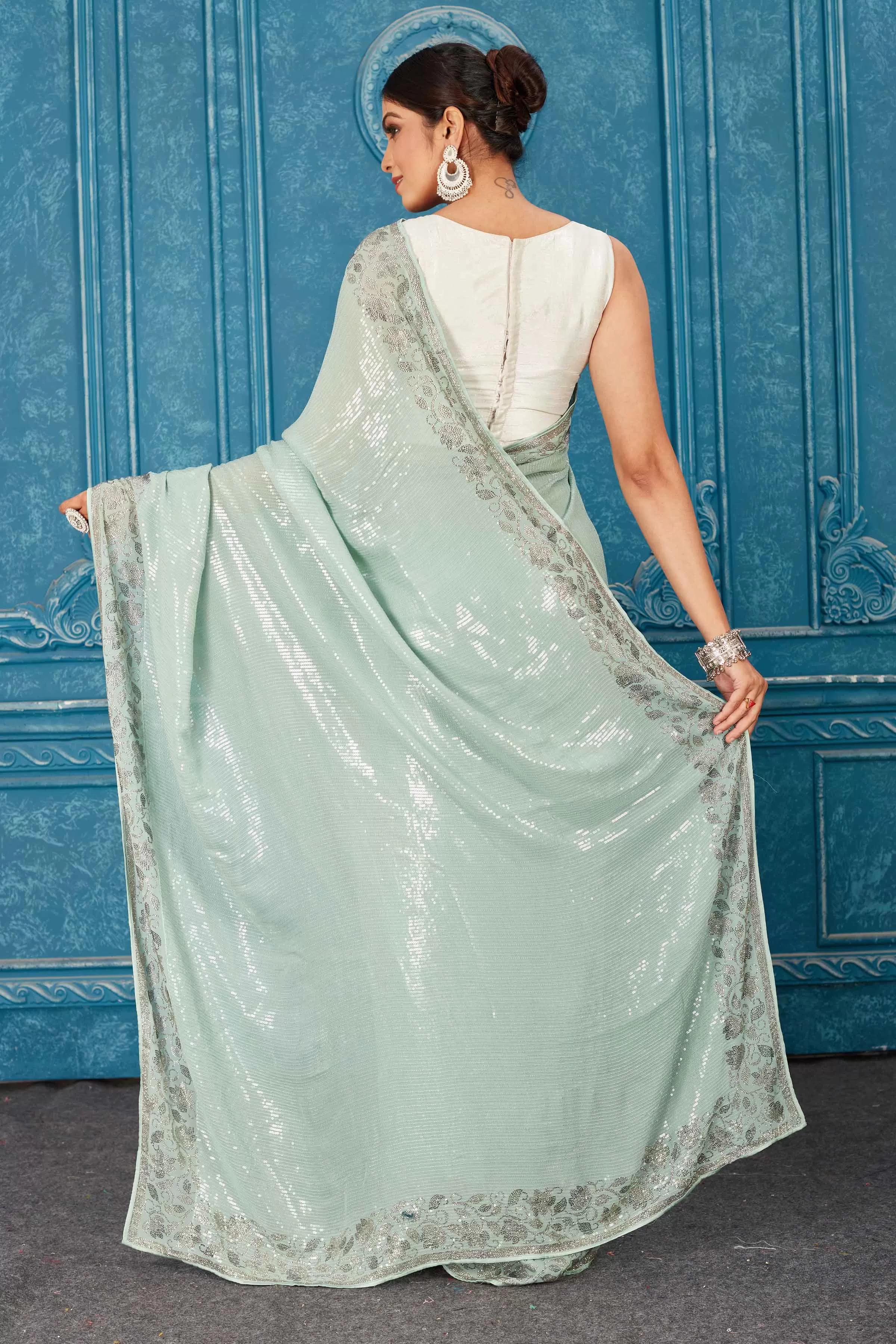 91A484 Mint Green Sequin Saree with Stone Work