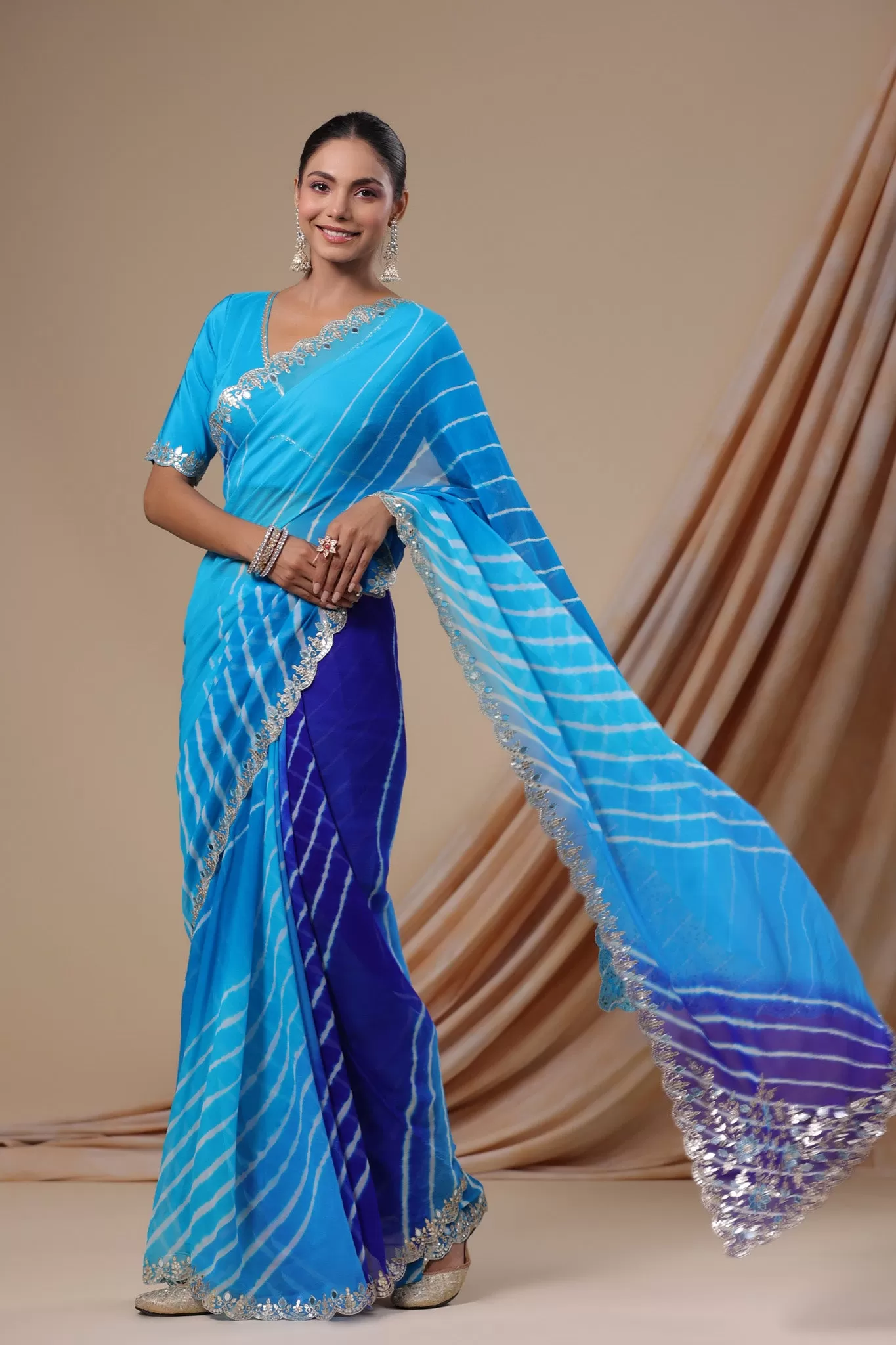 92A066 Ombre Blue Leheriya Crepe Georgette Saree