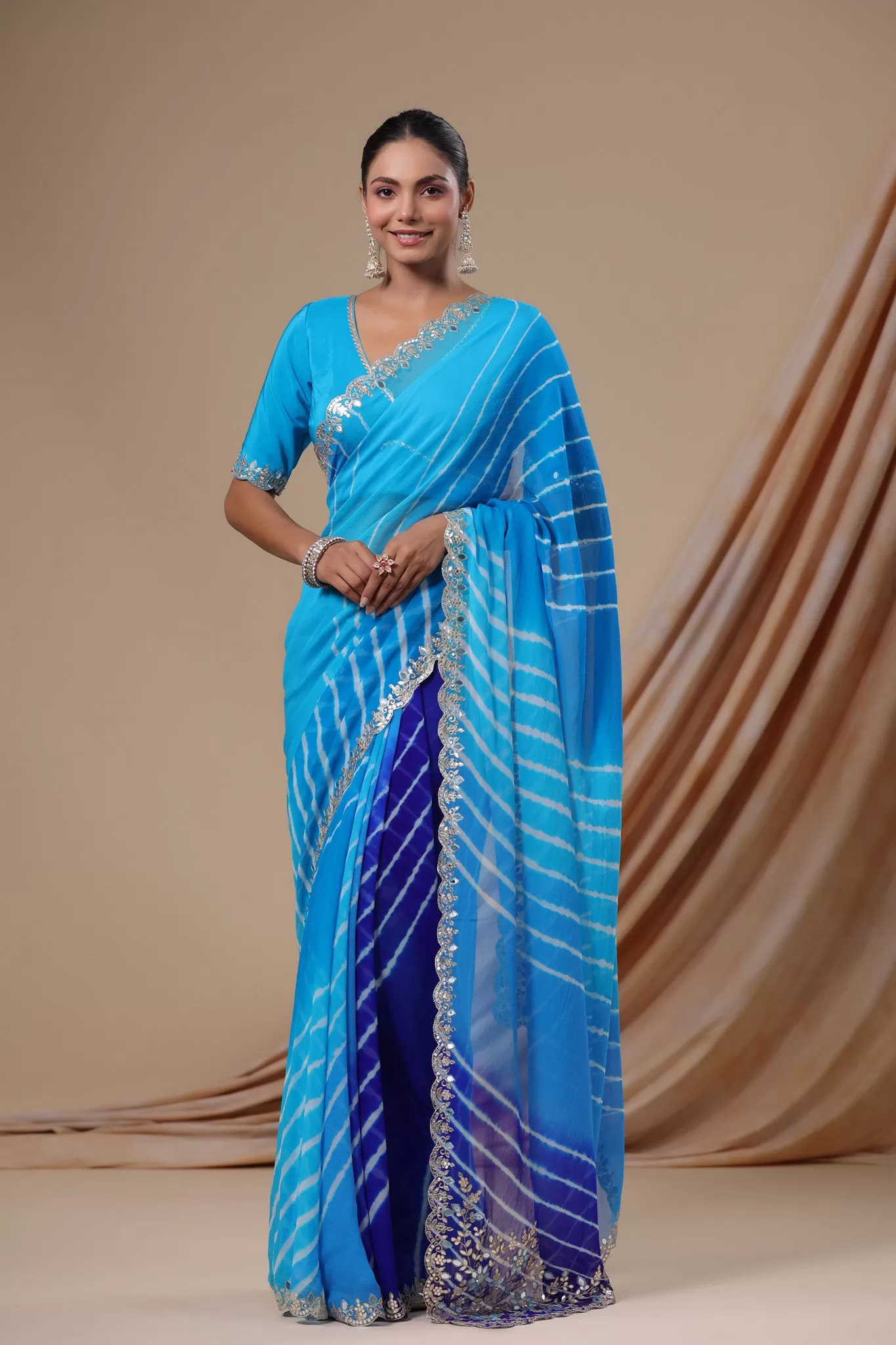 92A066 Ombre Blue Leheriya Crepe Georgette Saree