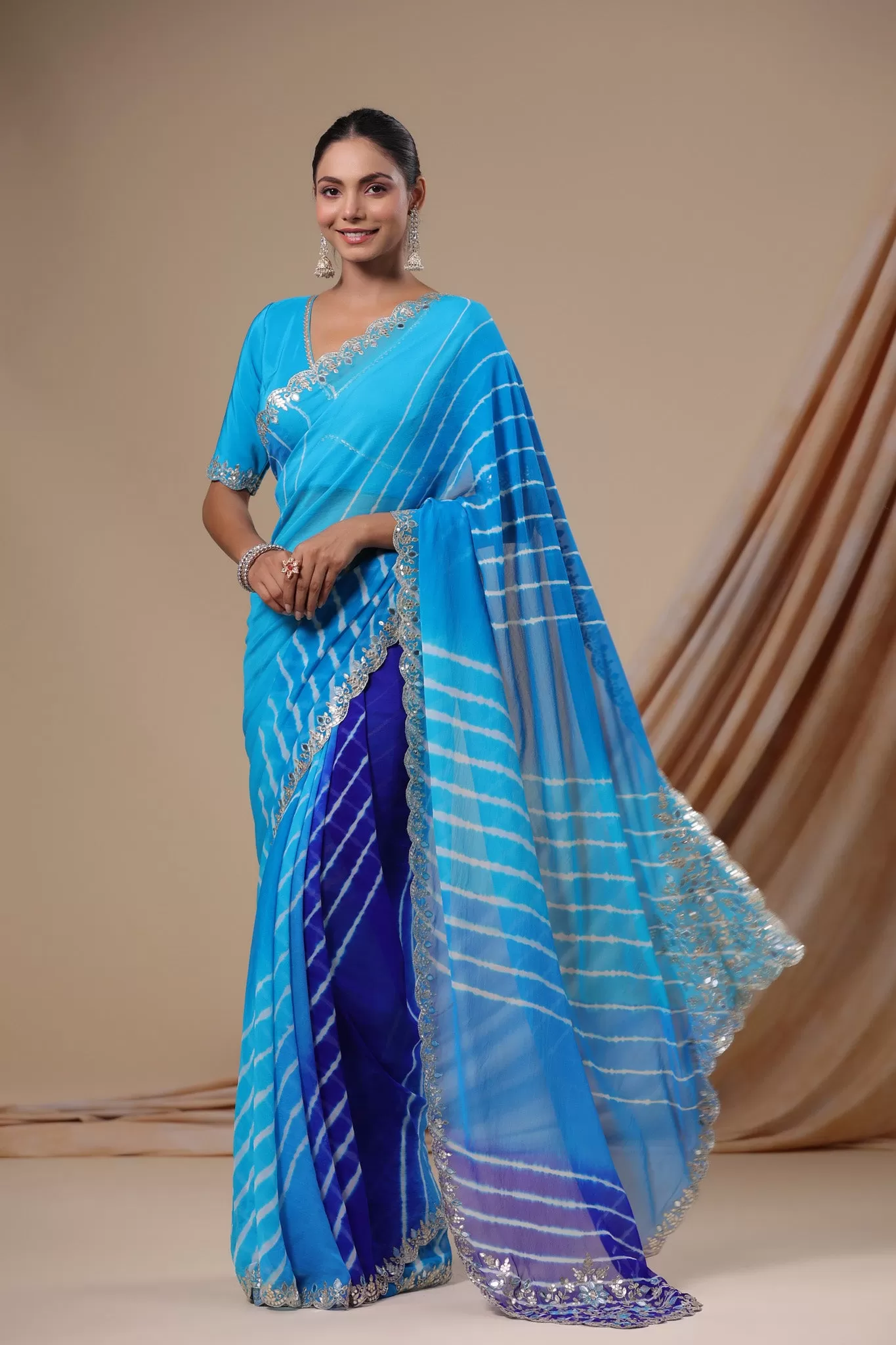 92A066 Ombre Blue Leheriya Crepe Georgette Saree