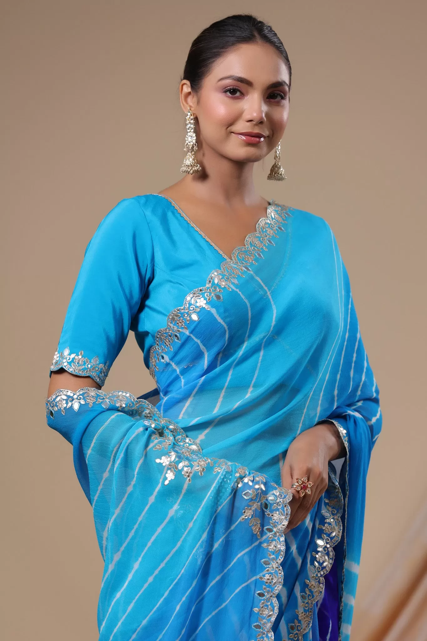 92A066 Ombre Blue Leheriya Crepe Georgette Saree