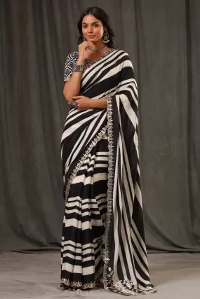 92A078 Black and White Stripes Crepe Georgette Saree