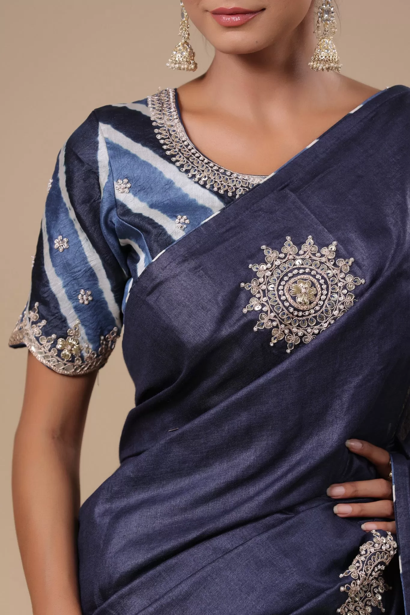 92A080 Navy Blue Embroidered Tussar Silk Saree with Tie and Dye Blouse