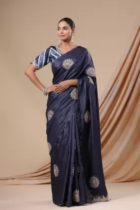 92A080 Navy Blue Embroidered Tussar Silk Saree with Tie and Dye Blouse