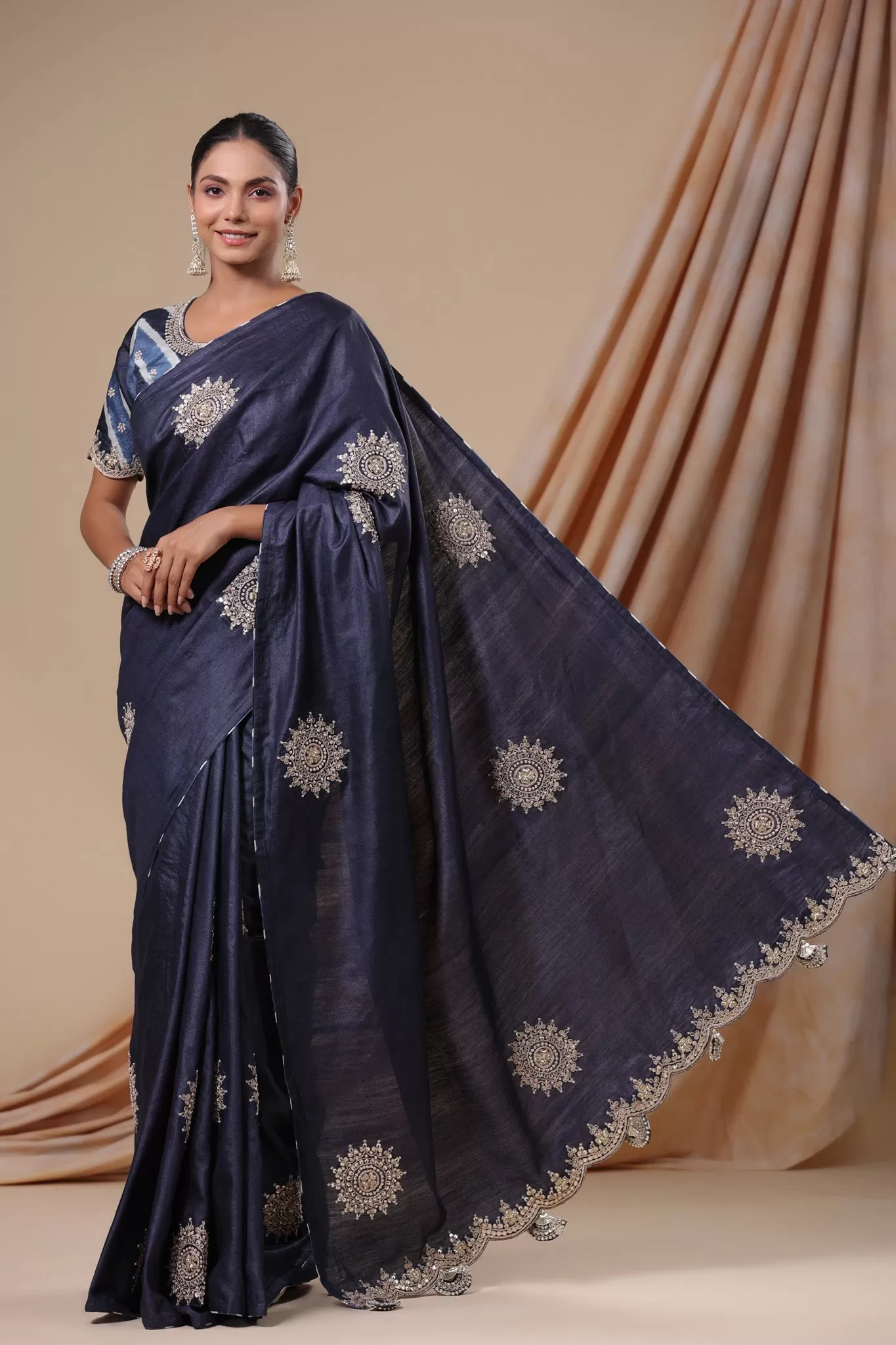 92A080 Navy Blue Embroidered Tussar Silk Saree with Tie and Dye Blouse