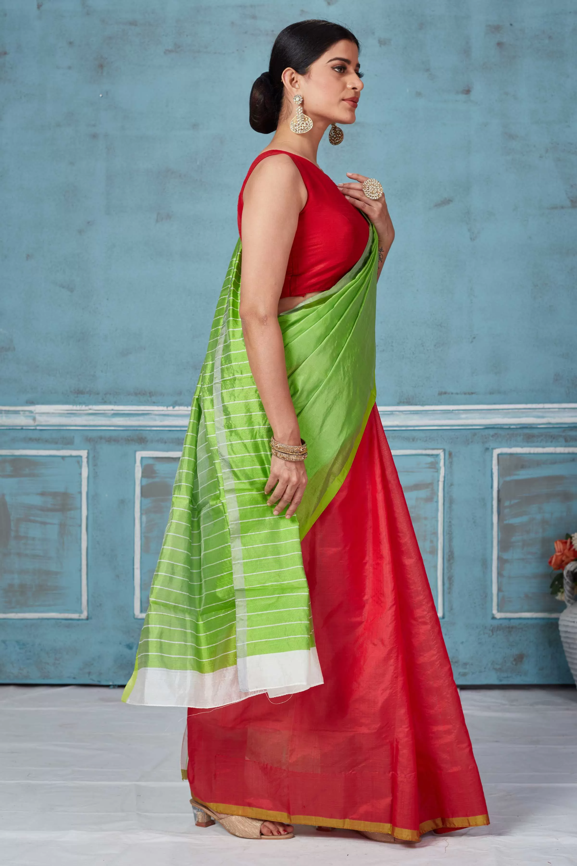 92A155 Green And Red Half And Half Pattu Silk Saree