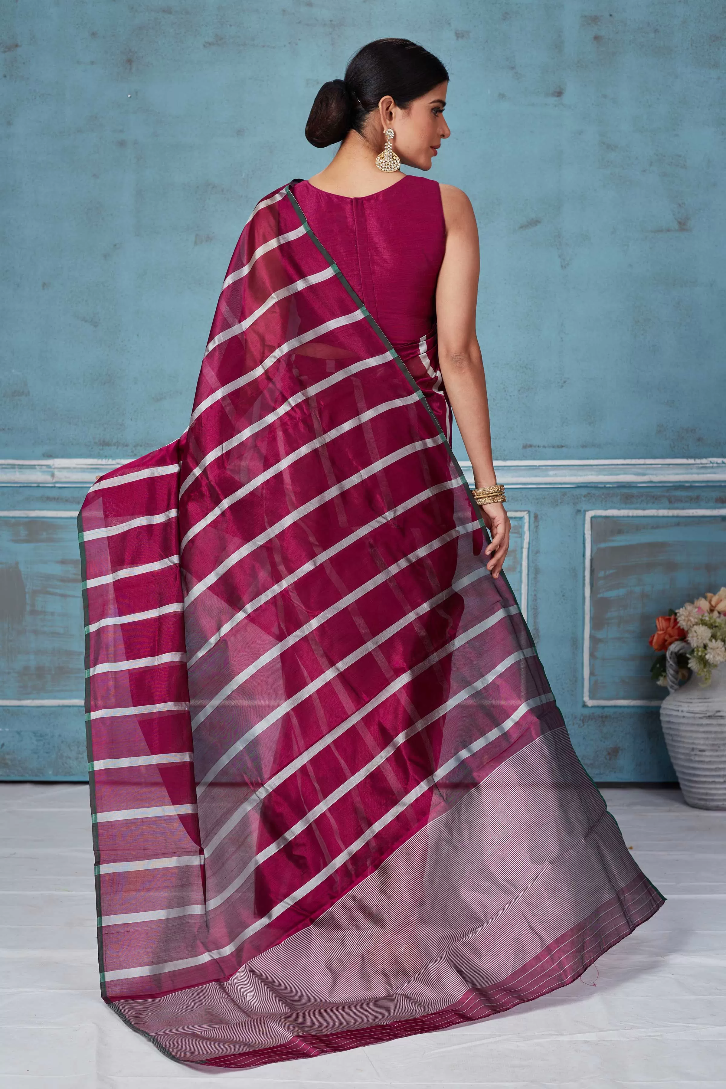 92A161 Wine And White Stripes Pattu Silk Saree