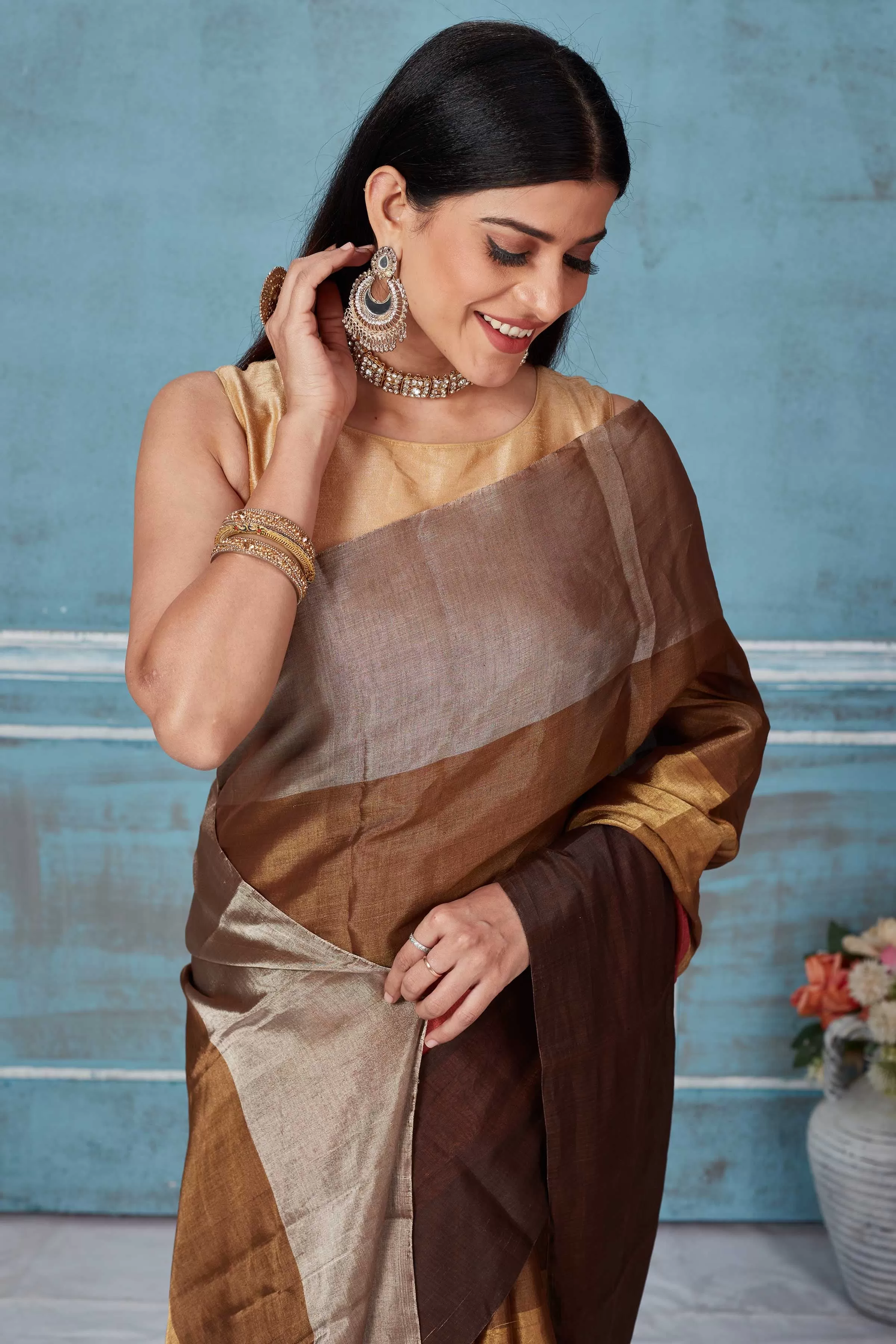 92A165 Brown Multicolor Tissue Silk Golden Zari Saree