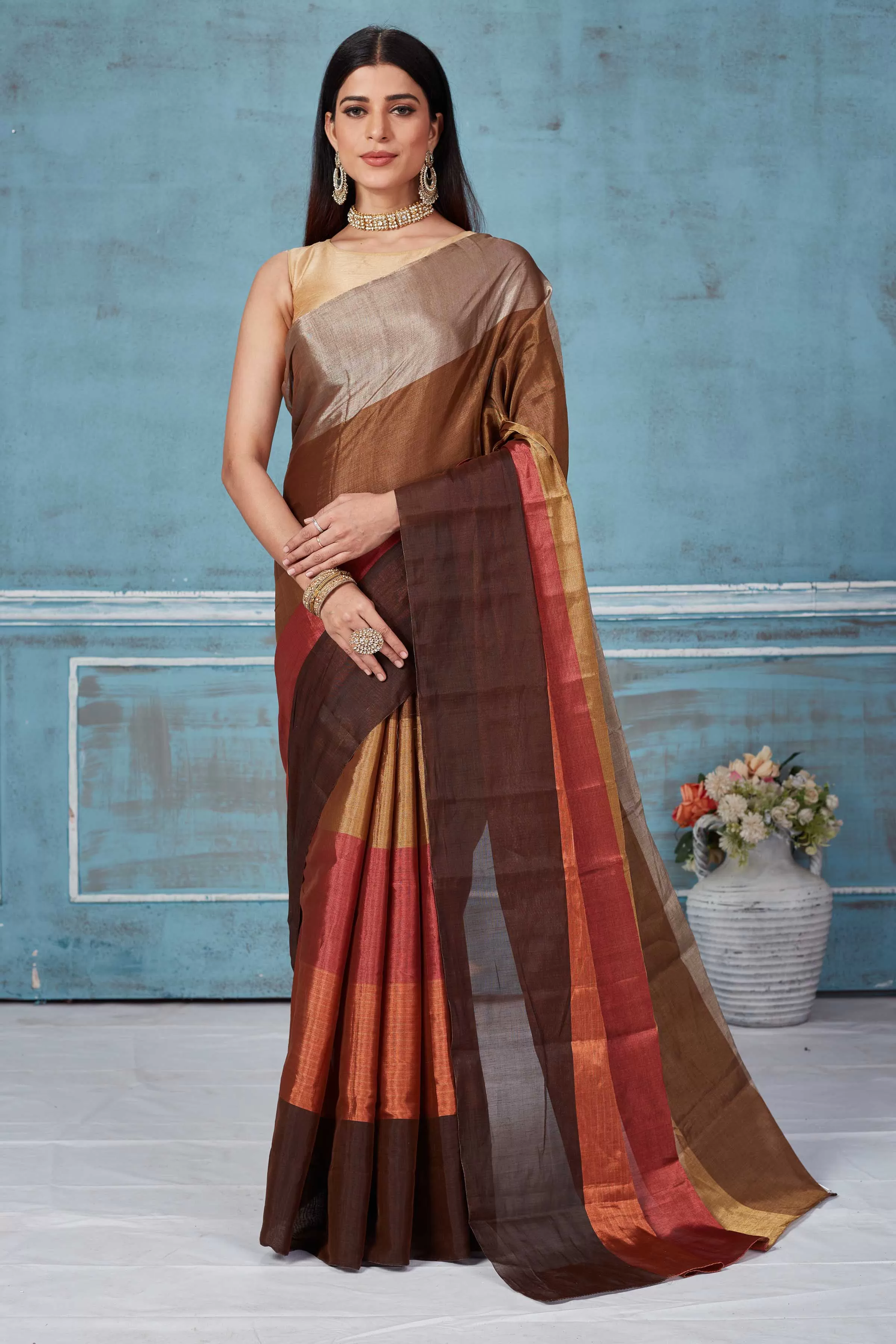 92A165 Brown Multicolor Tissue Silk Golden Zari Saree