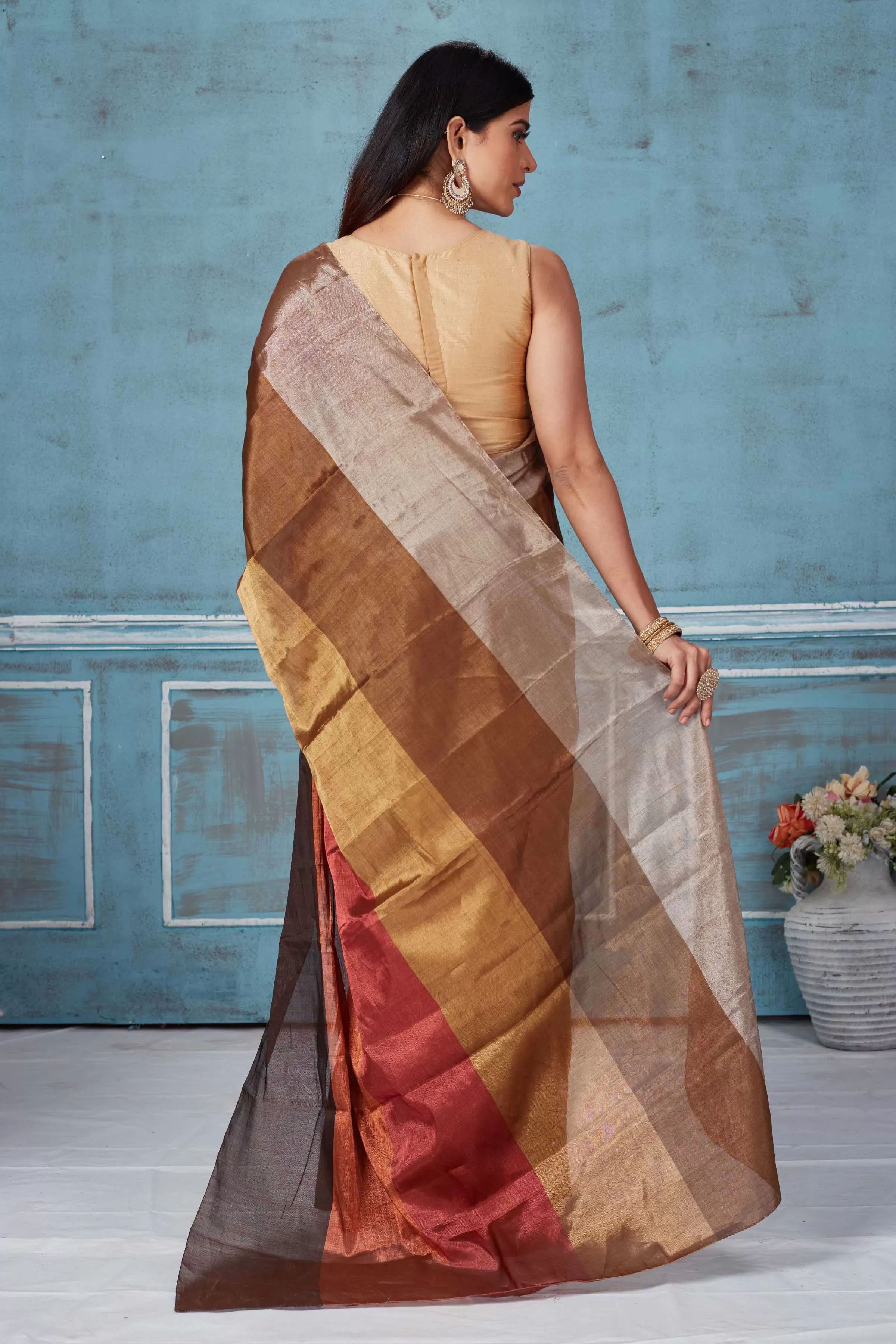 92A165 Brown Multicolor Tissue Silk Golden Zari Saree