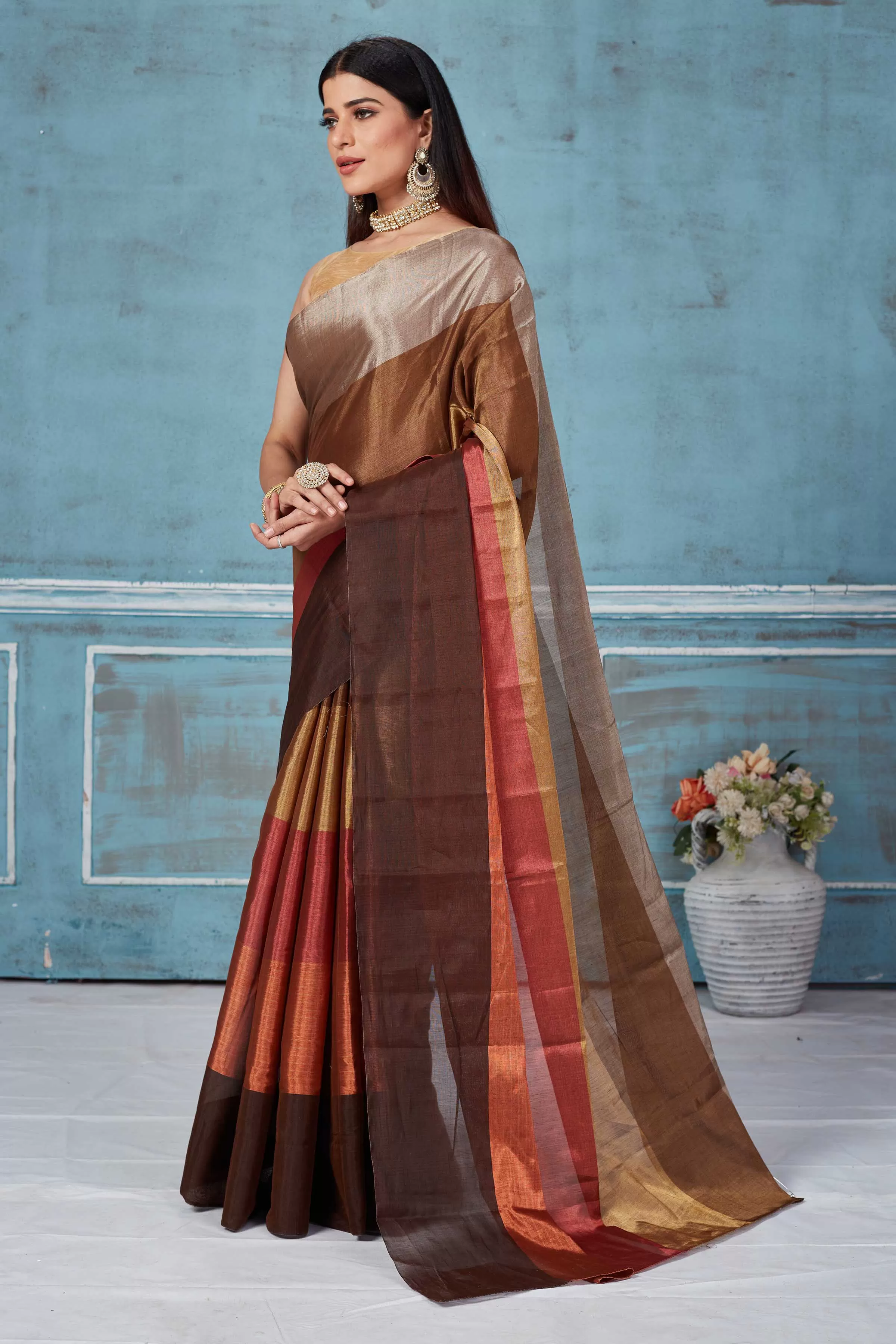 92A165 Brown Multicolor Tissue Silk Golden Zari Saree