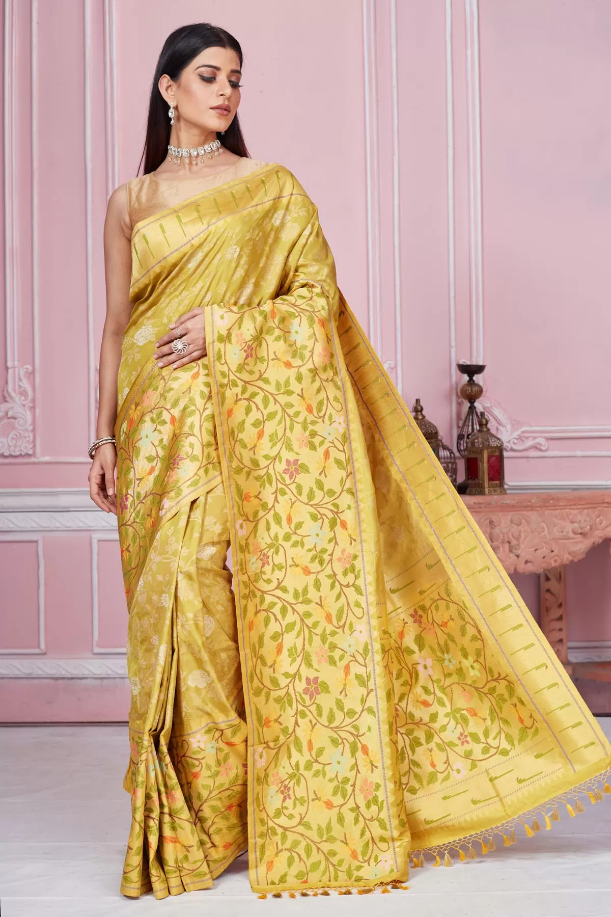 92A184 Yellow Banarasi Saree With Heavy Zari Minakari Border