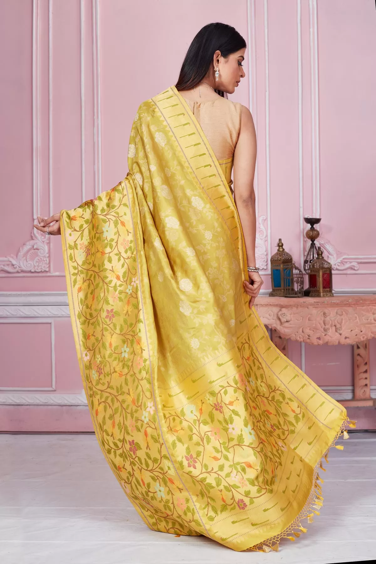 92A184 Yellow Banarasi Saree With Heavy Zari Minakari Border