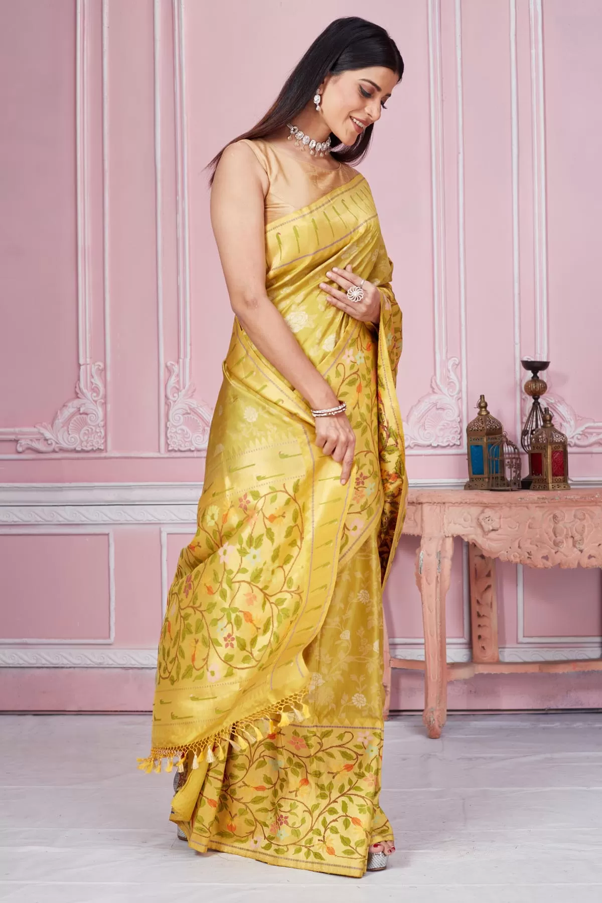 92A184 Yellow Banarasi Saree With Heavy Zari Minakari Border