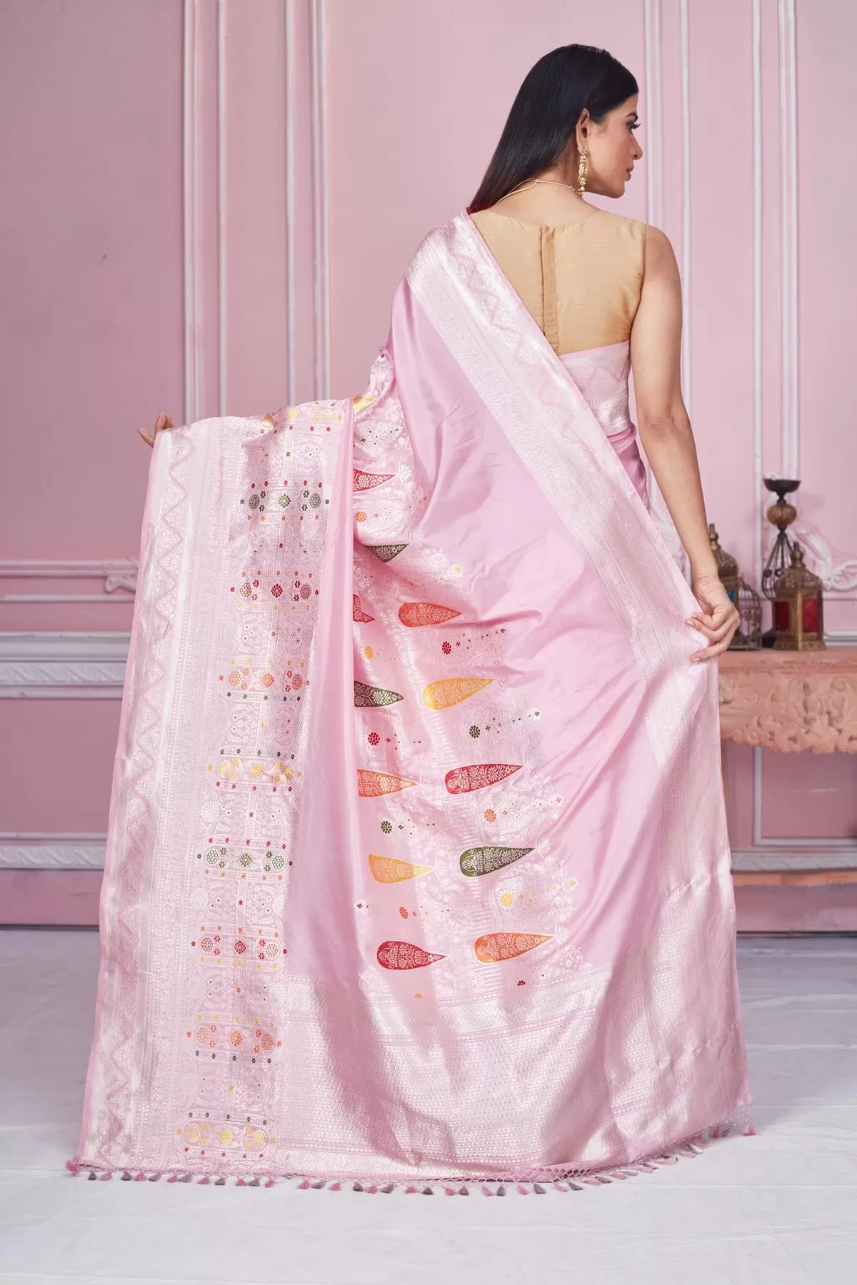 92A190 Powder Pink Banarasi Sari with Zari Minakari Border