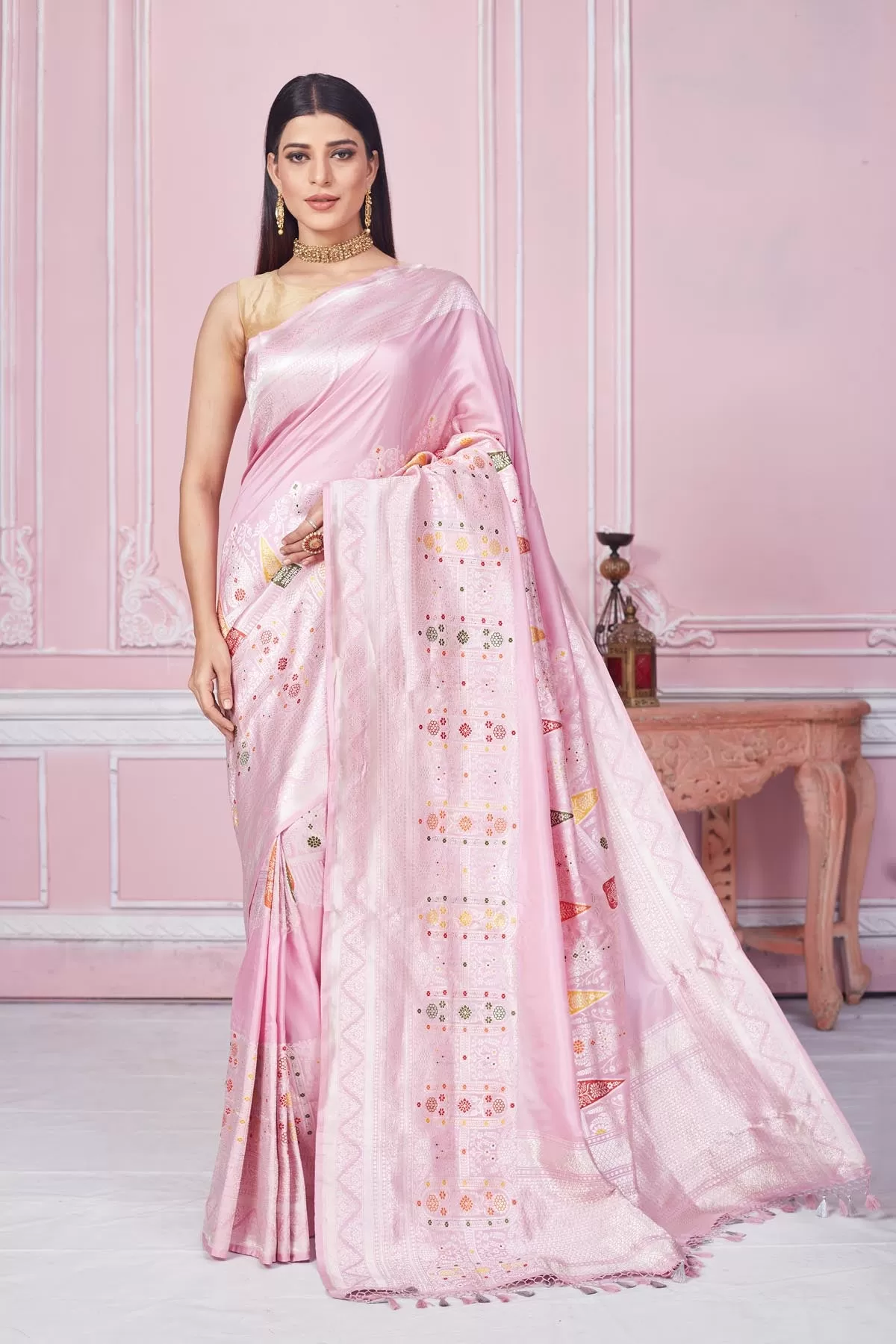 92A190 Powder Pink Banarasi Sari with Zari Minakari Border