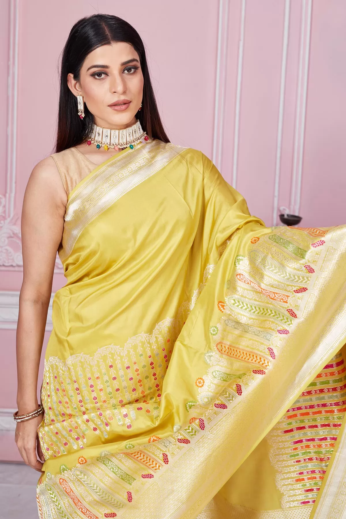 92A191 Yellow Banarasi Sari with Zari Minakari Border