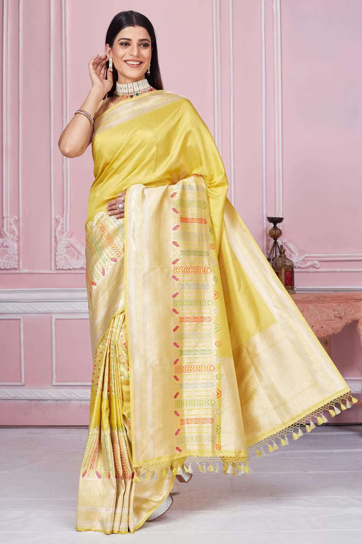 92A191 Yellow Banarasi Sari with Zari Minakari Border