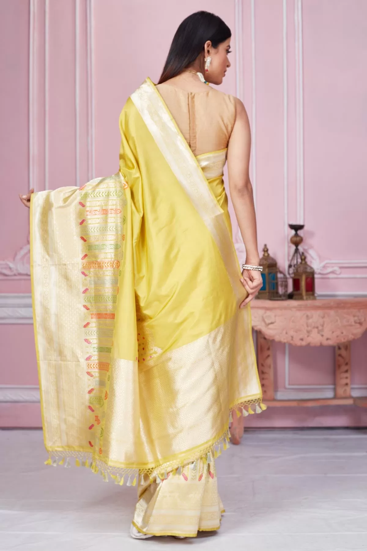 92A191 Yellow Banarasi Sari with Zari Minakari Border