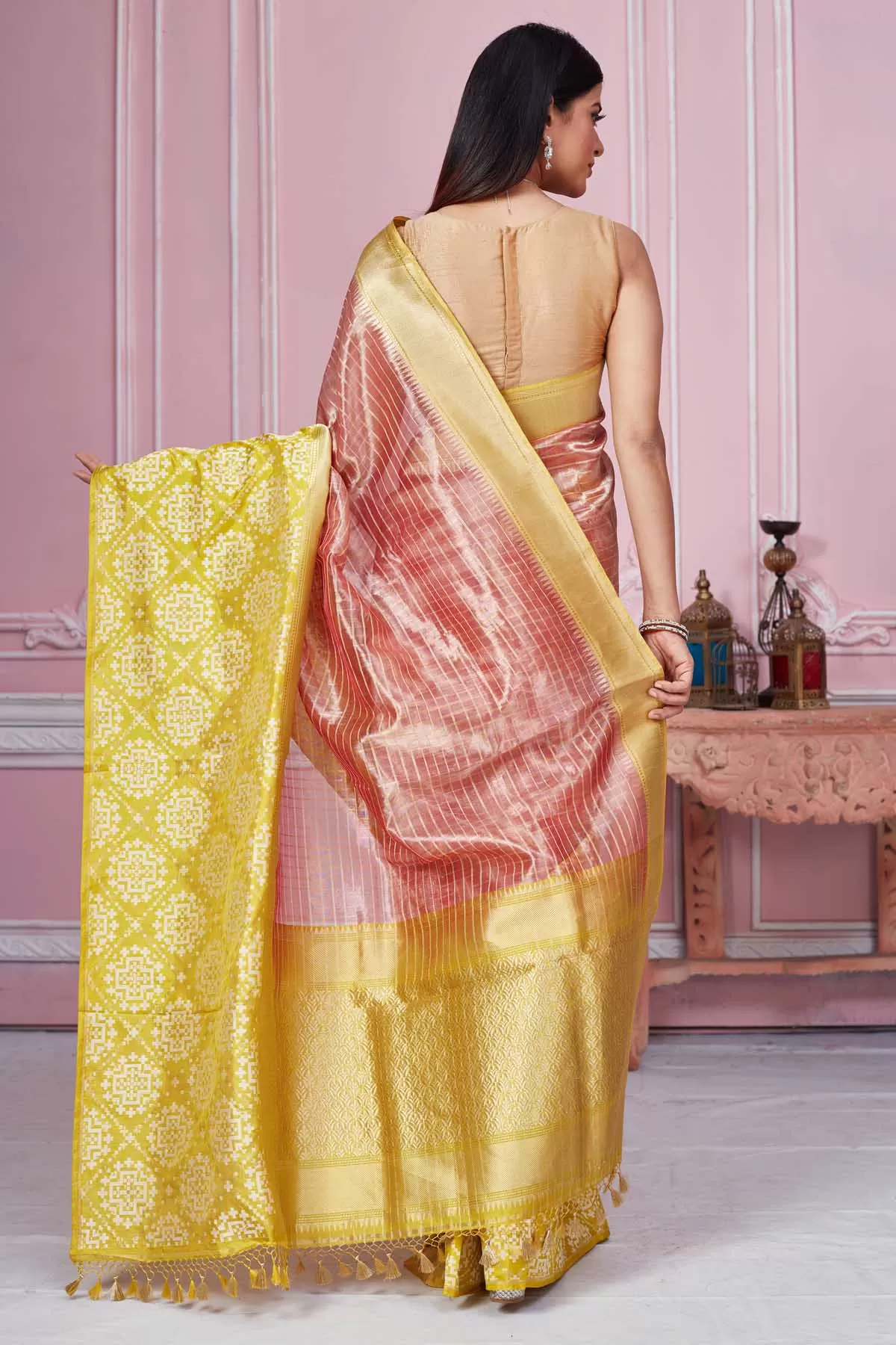 92A203 Pink Banarasi Saree with Yellow Zari Border and Pallu