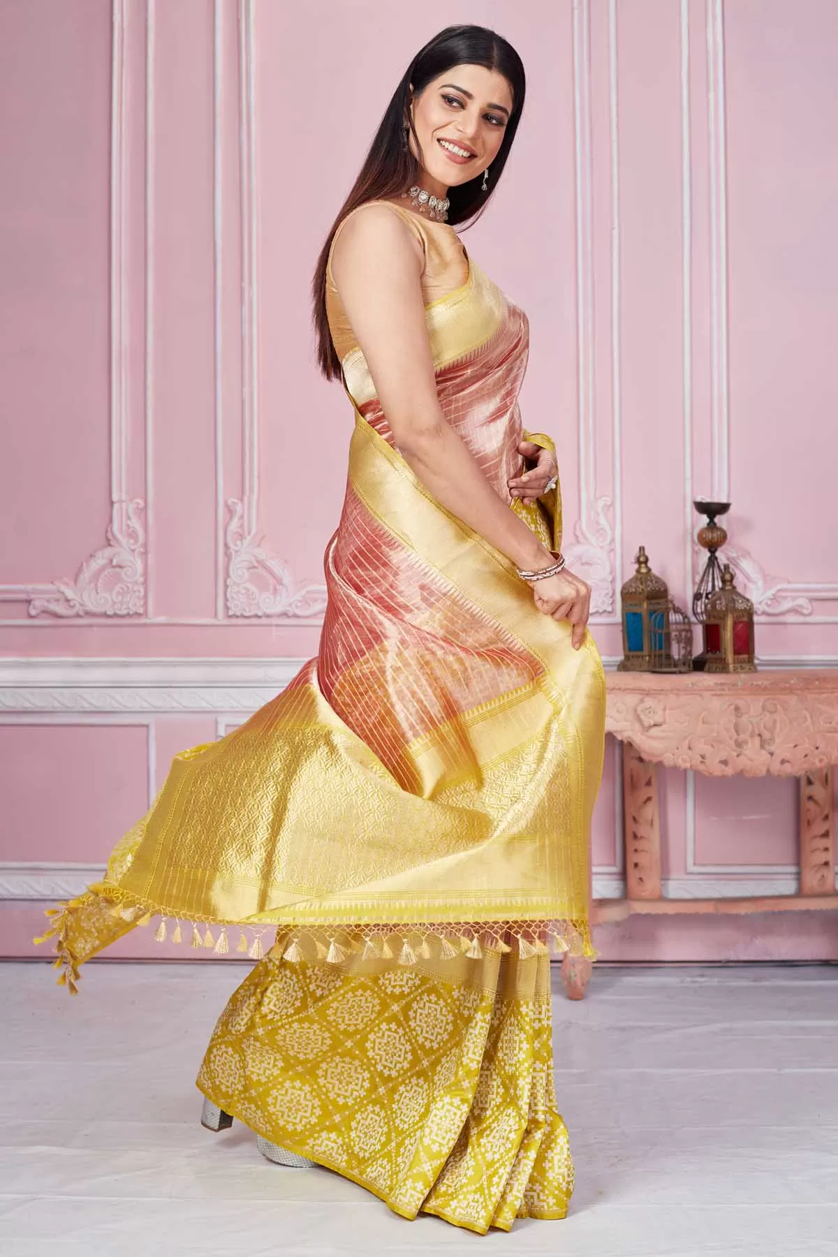 92A203 Pink Banarasi Saree with Yellow Zari Border and Pallu