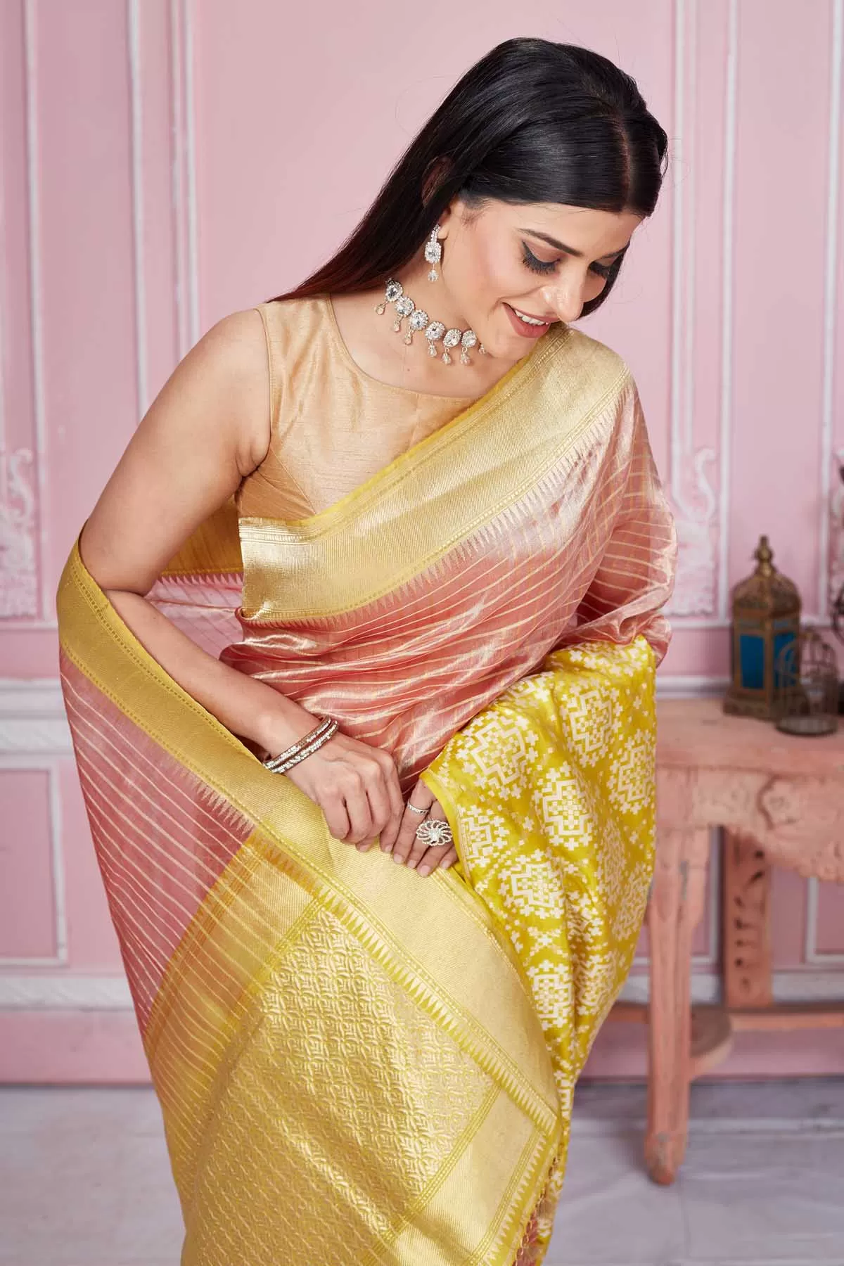 92A203 Pink Banarasi Saree with Yellow Zari Border and Pallu