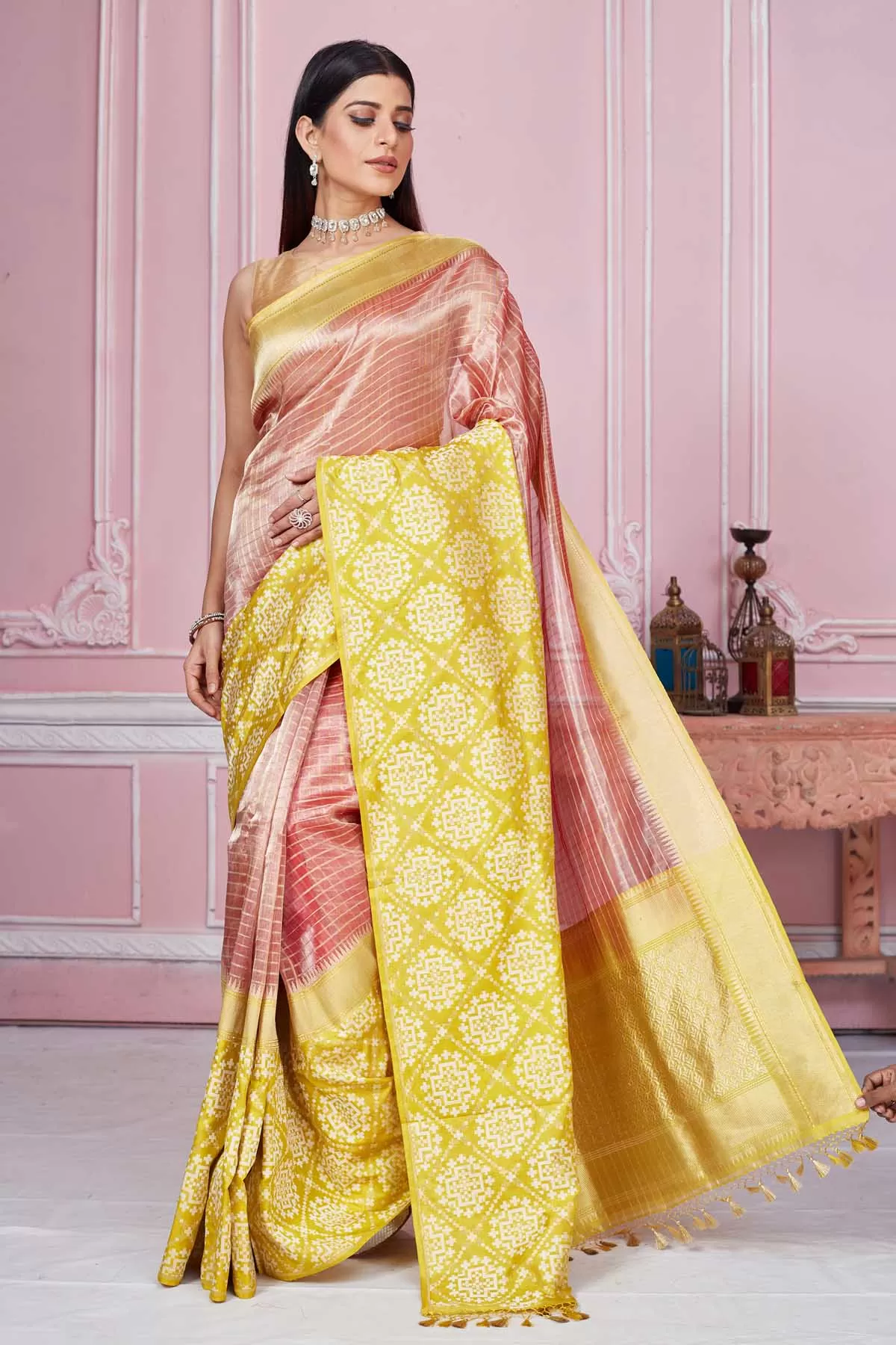 92A203 Pink Banarasi Saree with Yellow Zari Border and Pallu