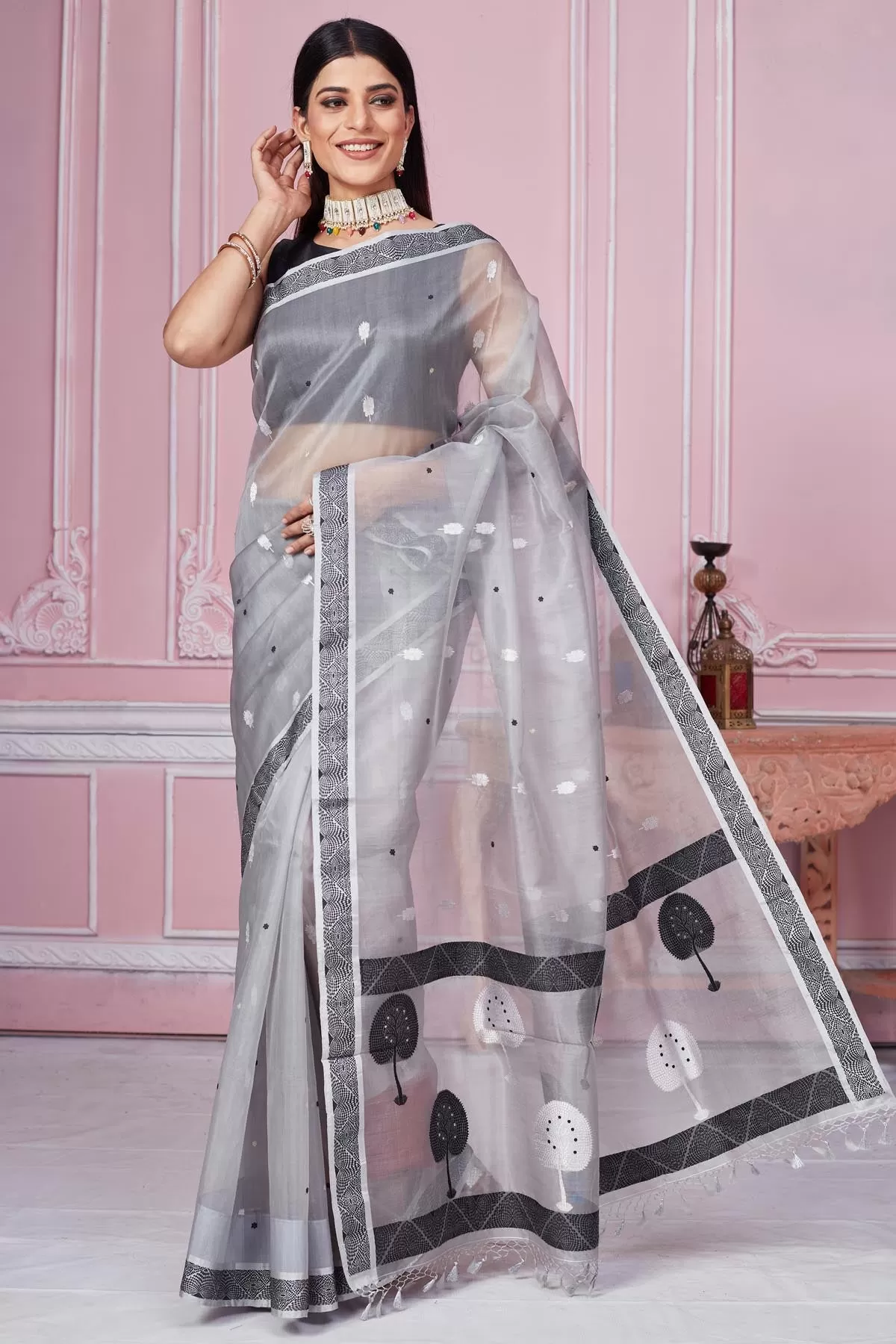 92A214 Light Grey Banarasi Saree With Scattered Buti