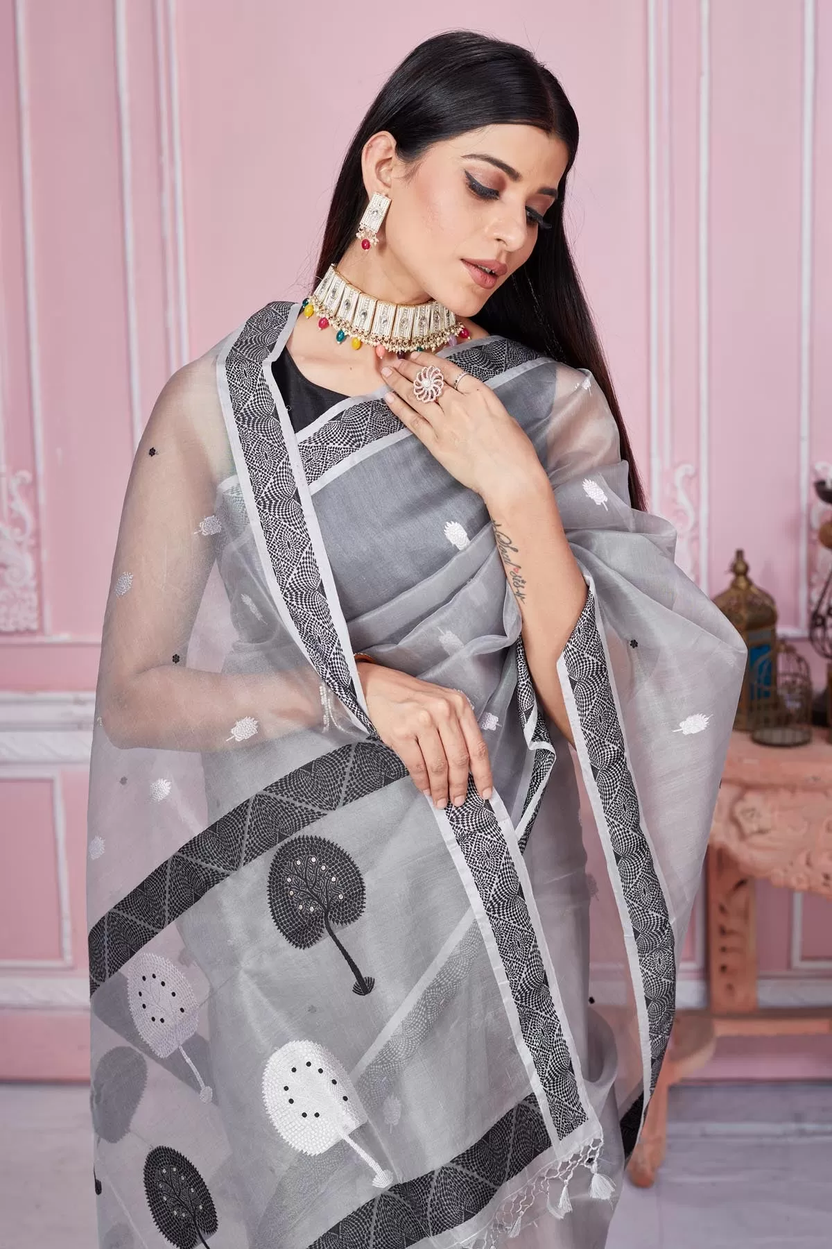 92A214 Light Grey Banarasi Saree With Scattered Buti