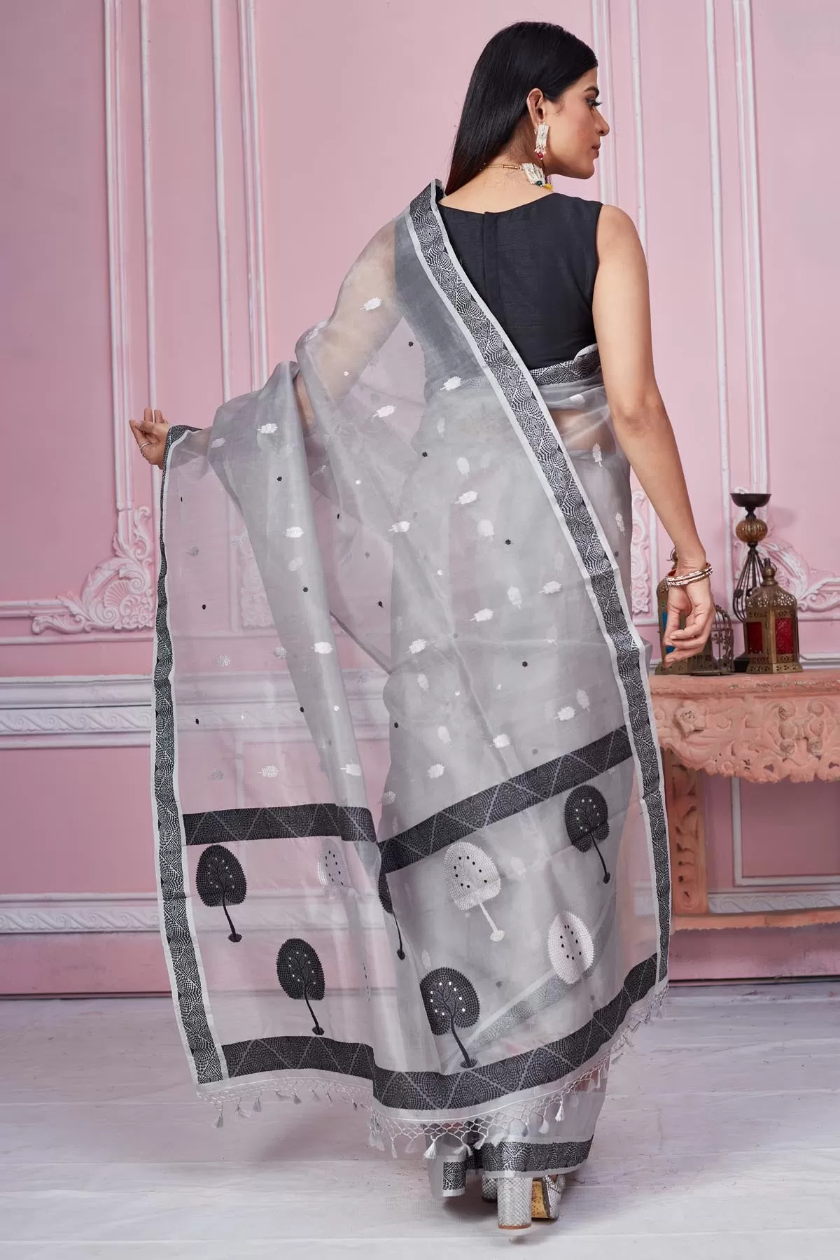 92A214 Light Grey Banarasi Saree With Scattered Buti